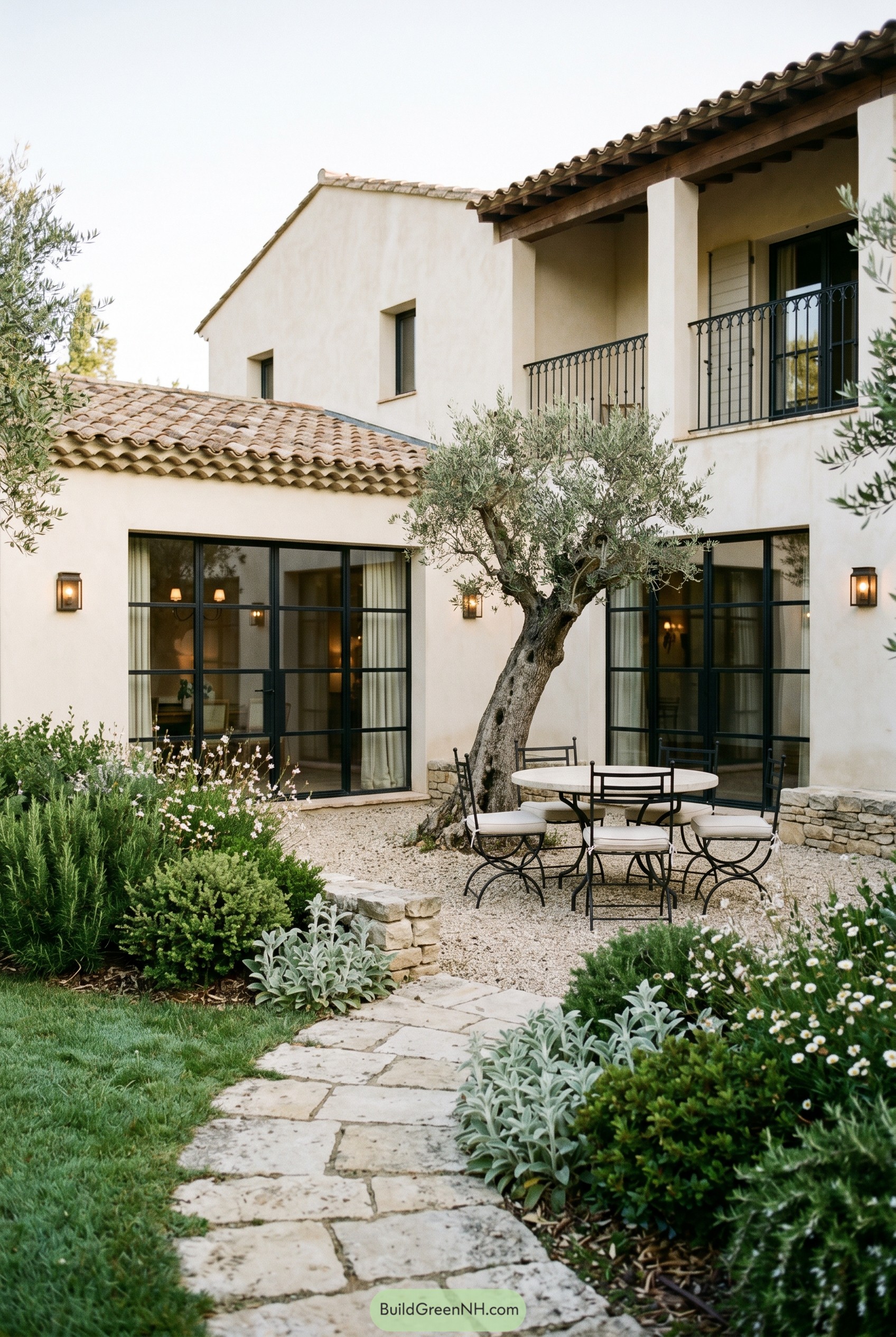 Mediterranean courtyard with olive tree and bistro seating