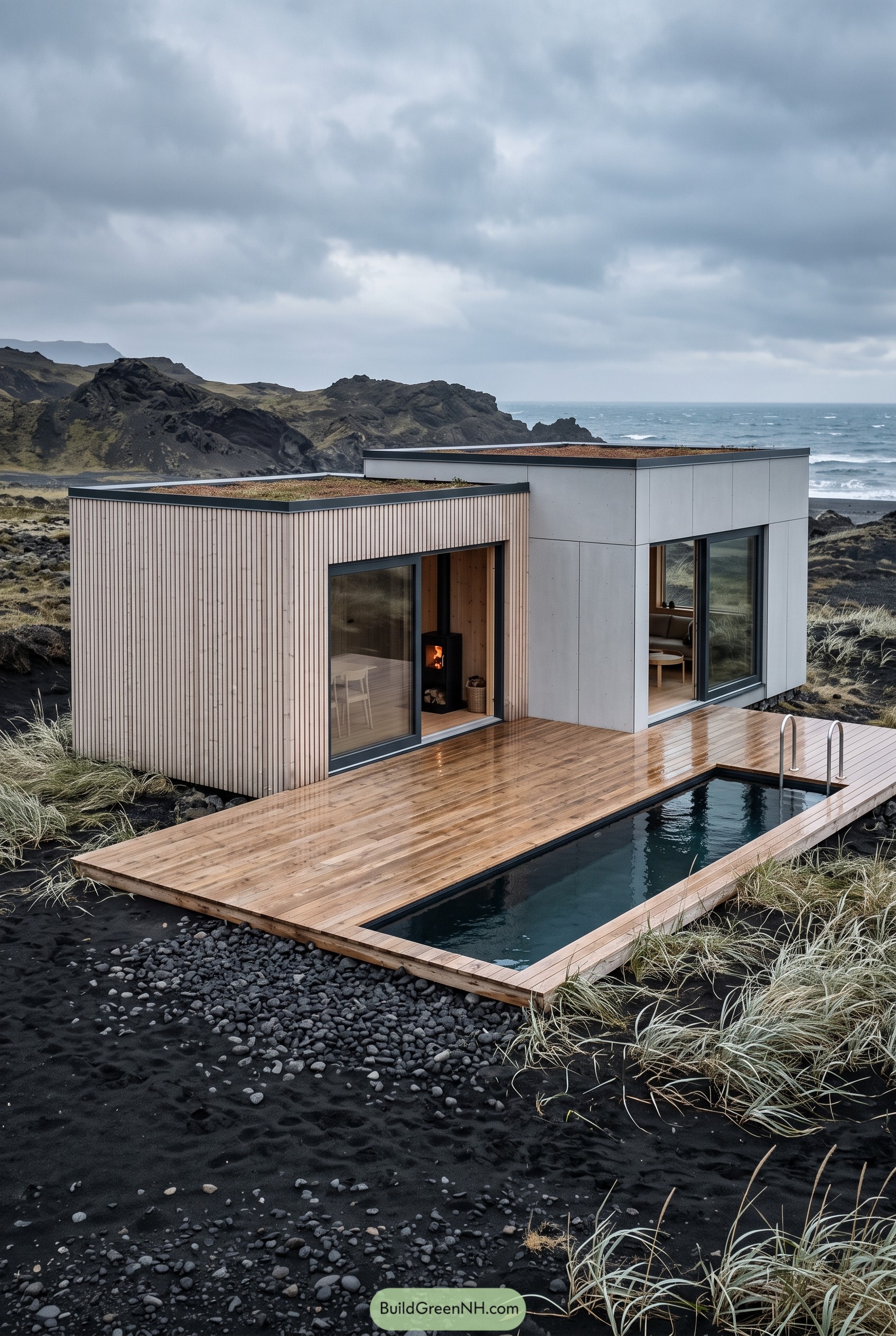 Nordic cabin with deck pool by rugged coast