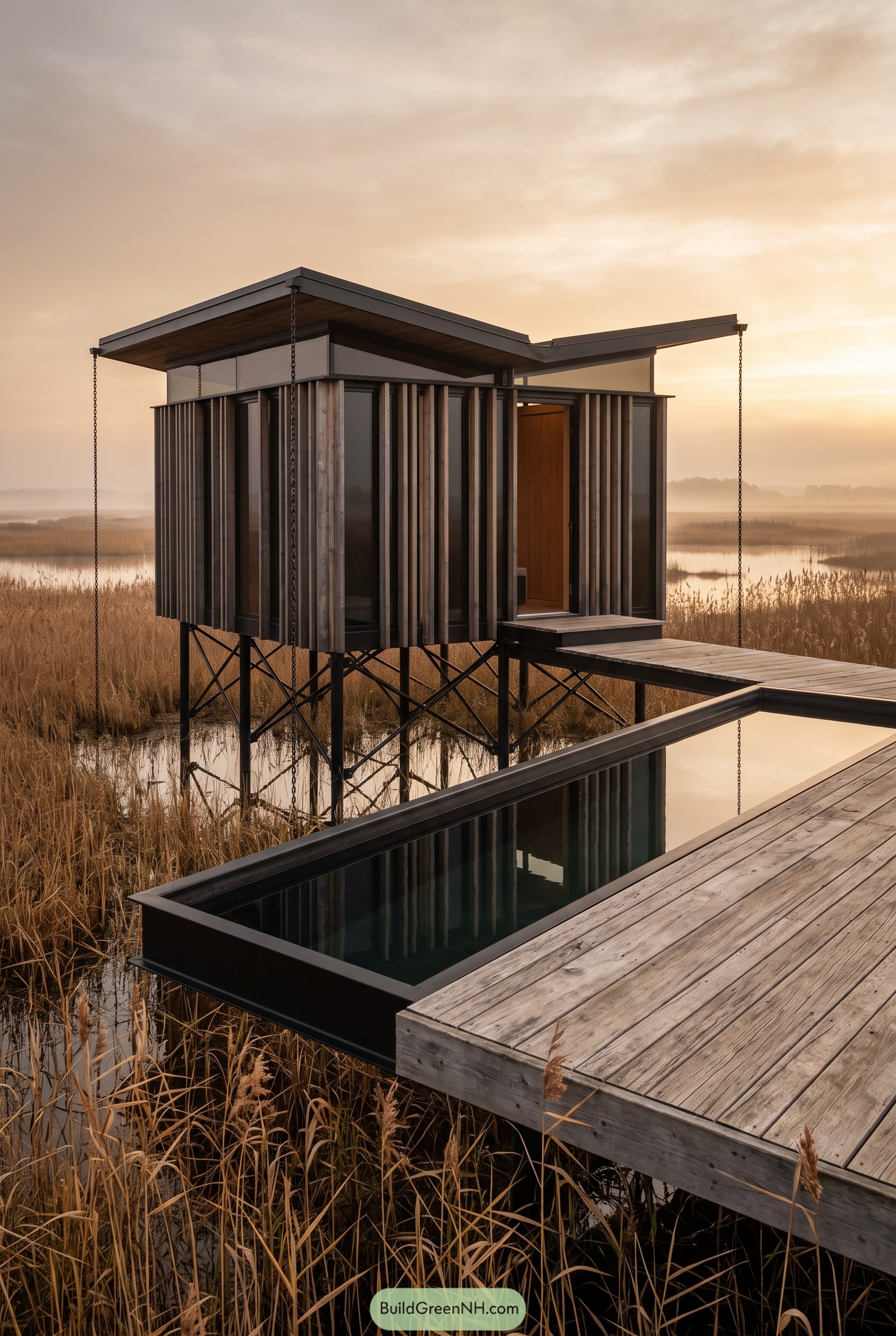 Stilted marsh cabin with deck pool