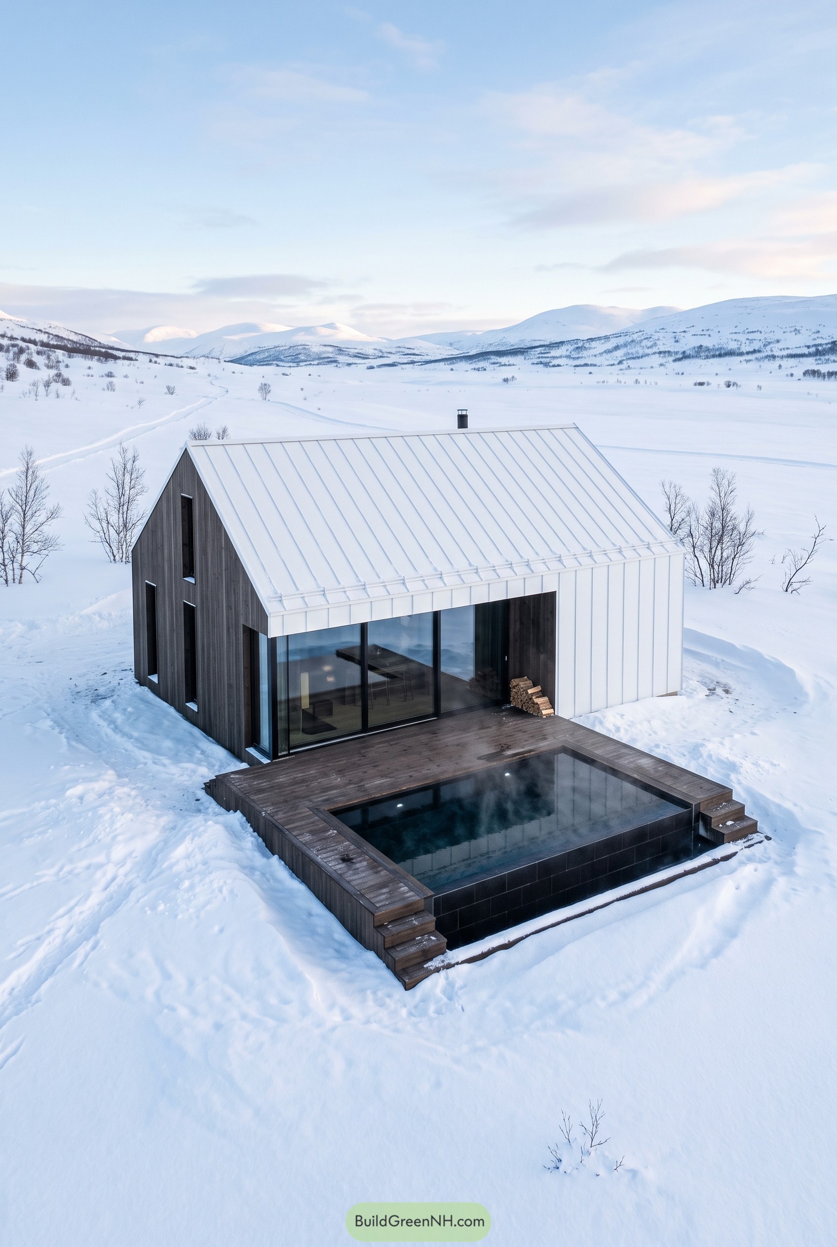 Modern Nordic cabin with a pool deck in snow