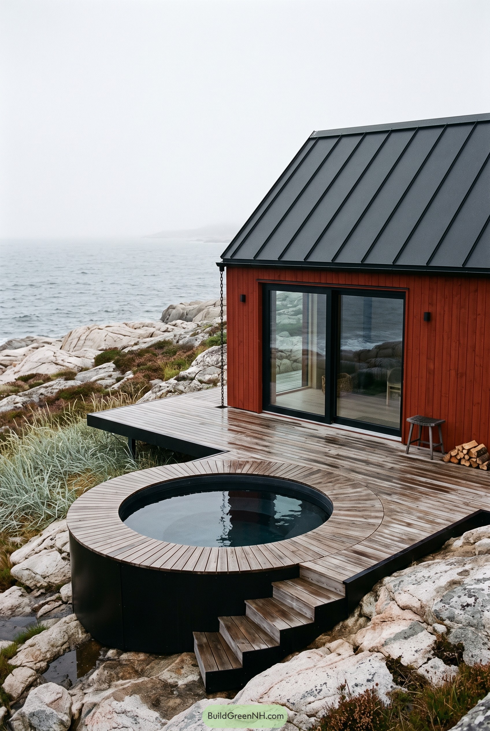 Red coastal cabin with circular plunge deck