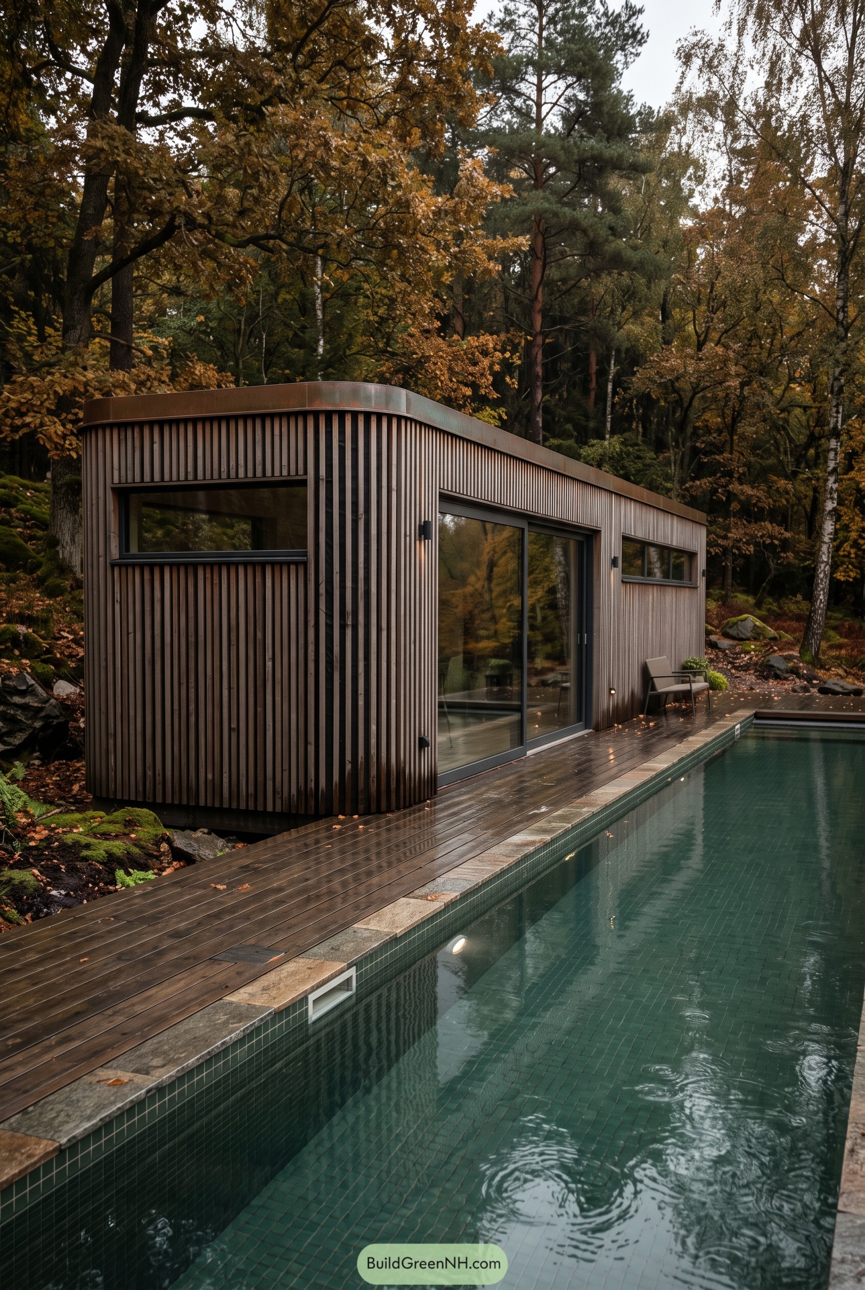 Curved timber cabin beside a forest pool