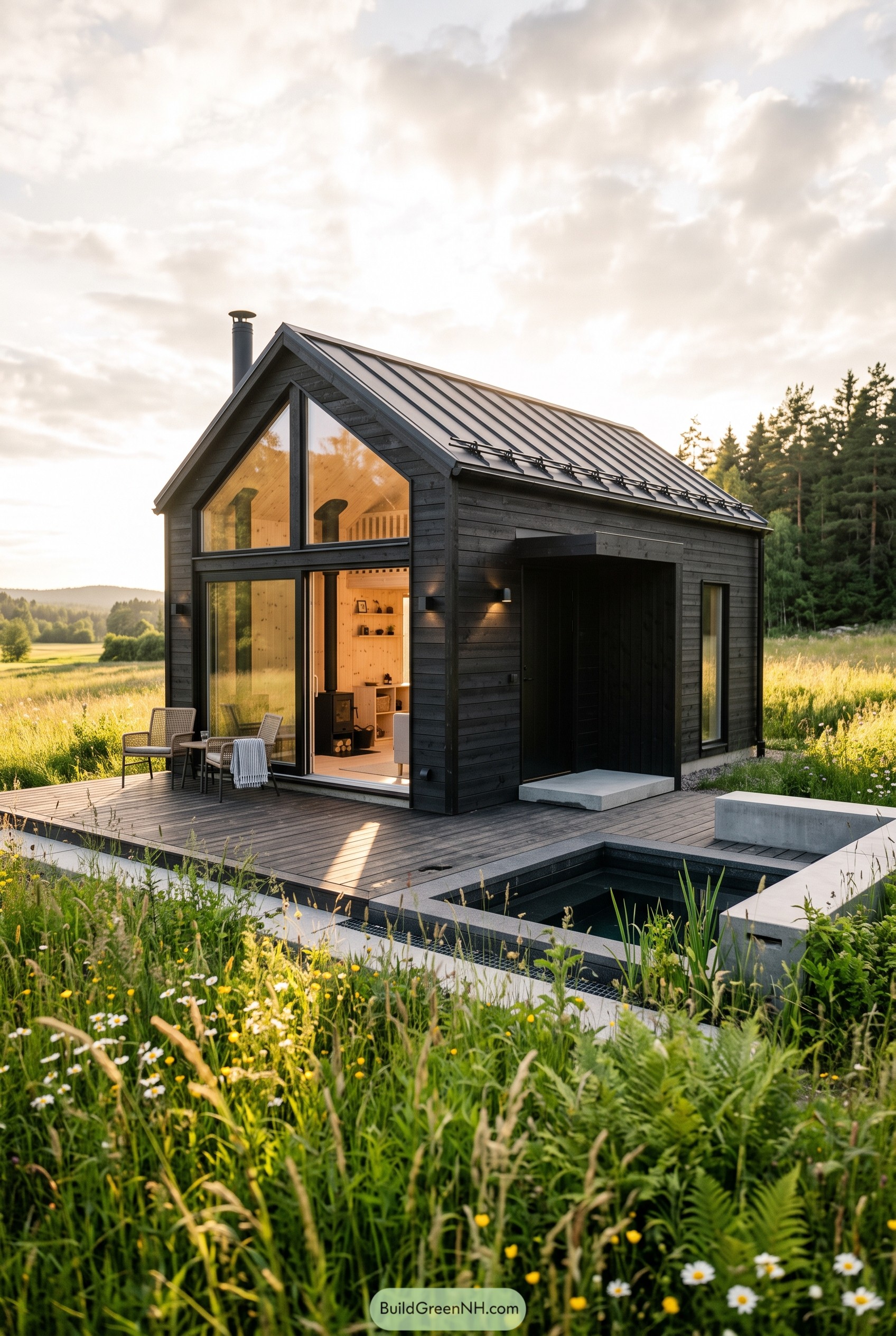 Black Nordic cabin with deck plunge pool