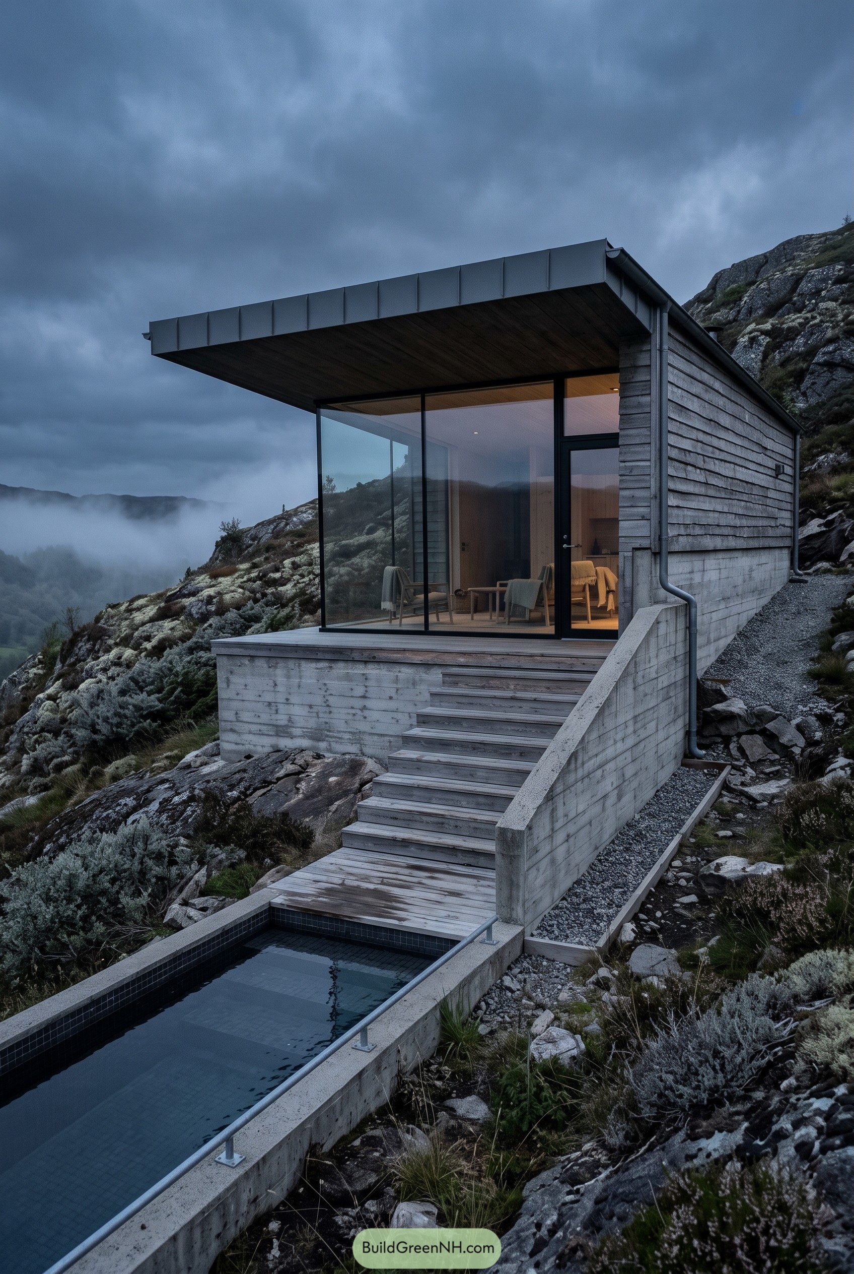 Modern cabin with pool on rocky misty hillside