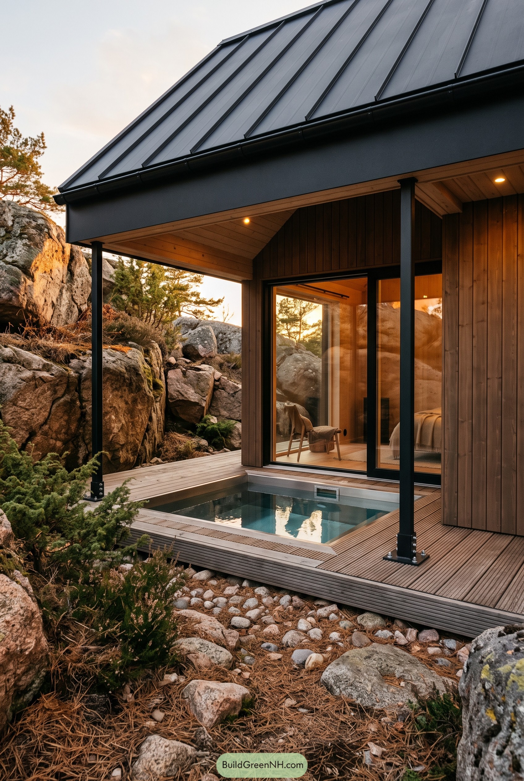 Wood cabin with deck pool among rocks