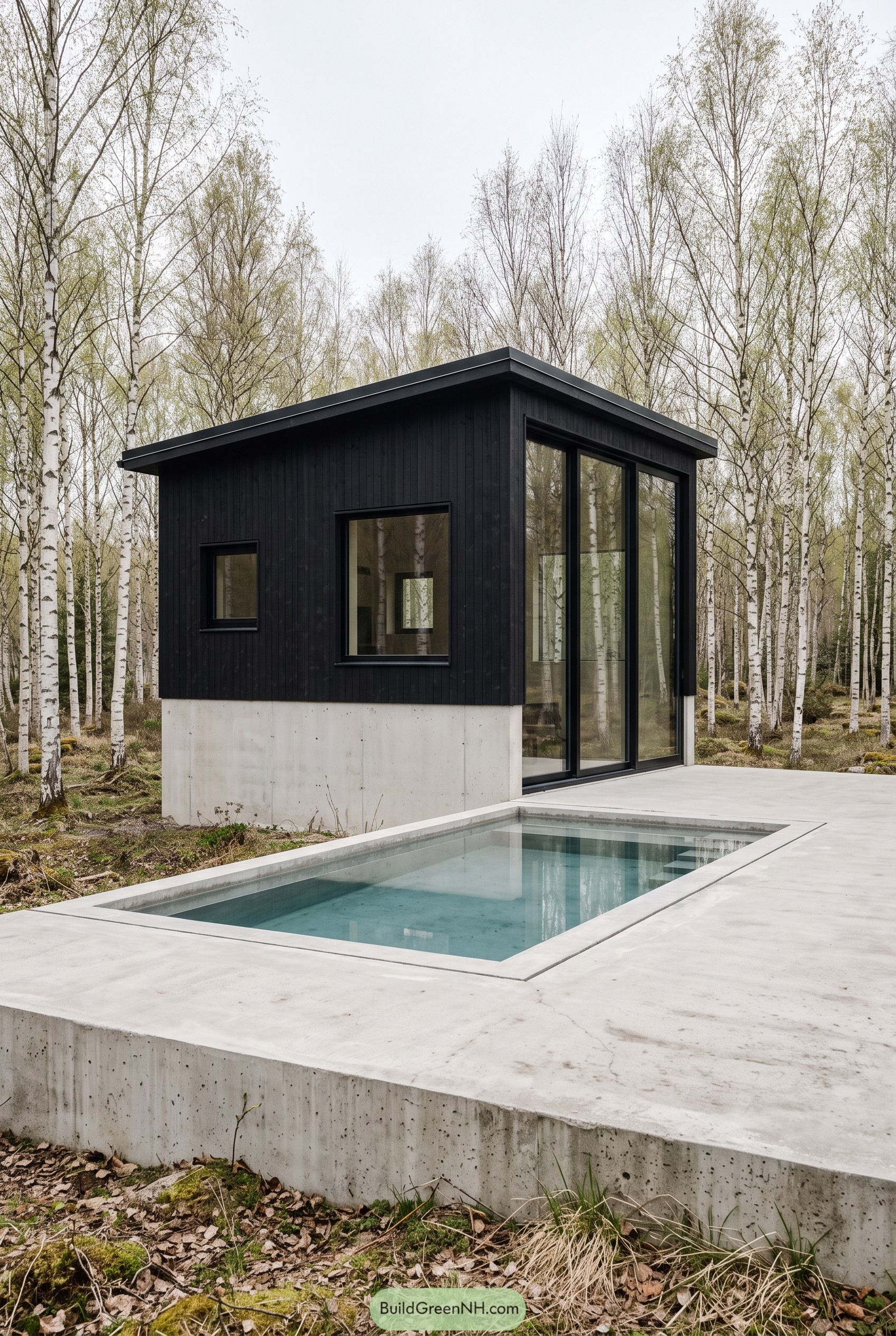 Black timber cabin with a pool terrace