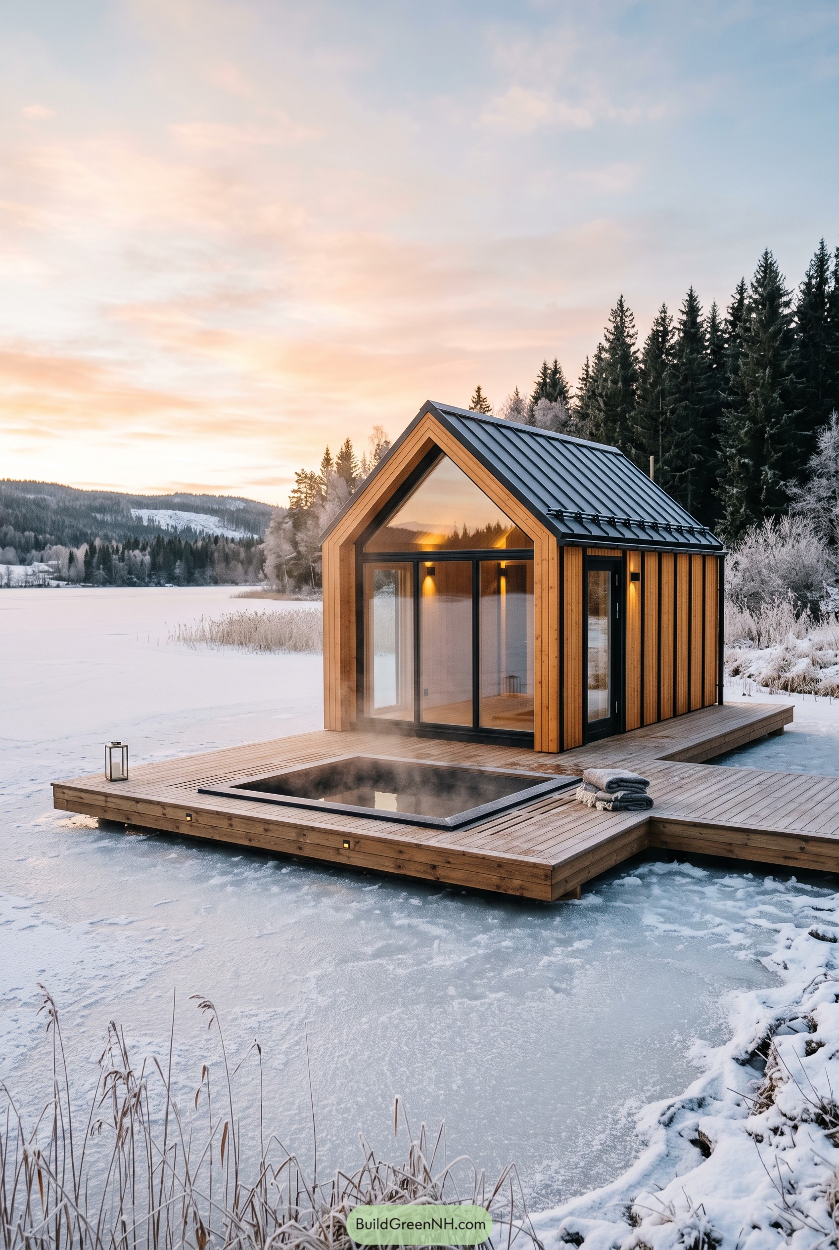Nordic timber cabin with deck plunge pool on frozen lake