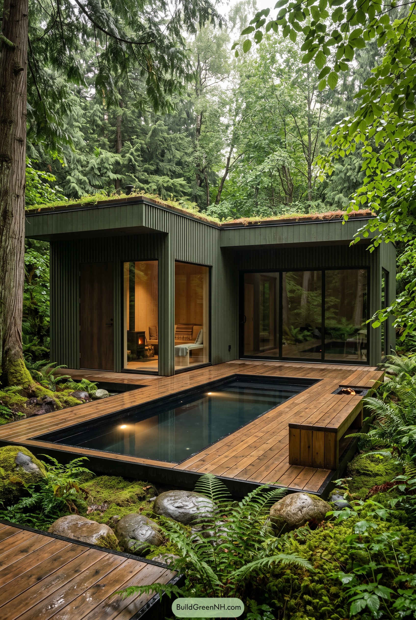 Green forest cabin with deck pool and living roof