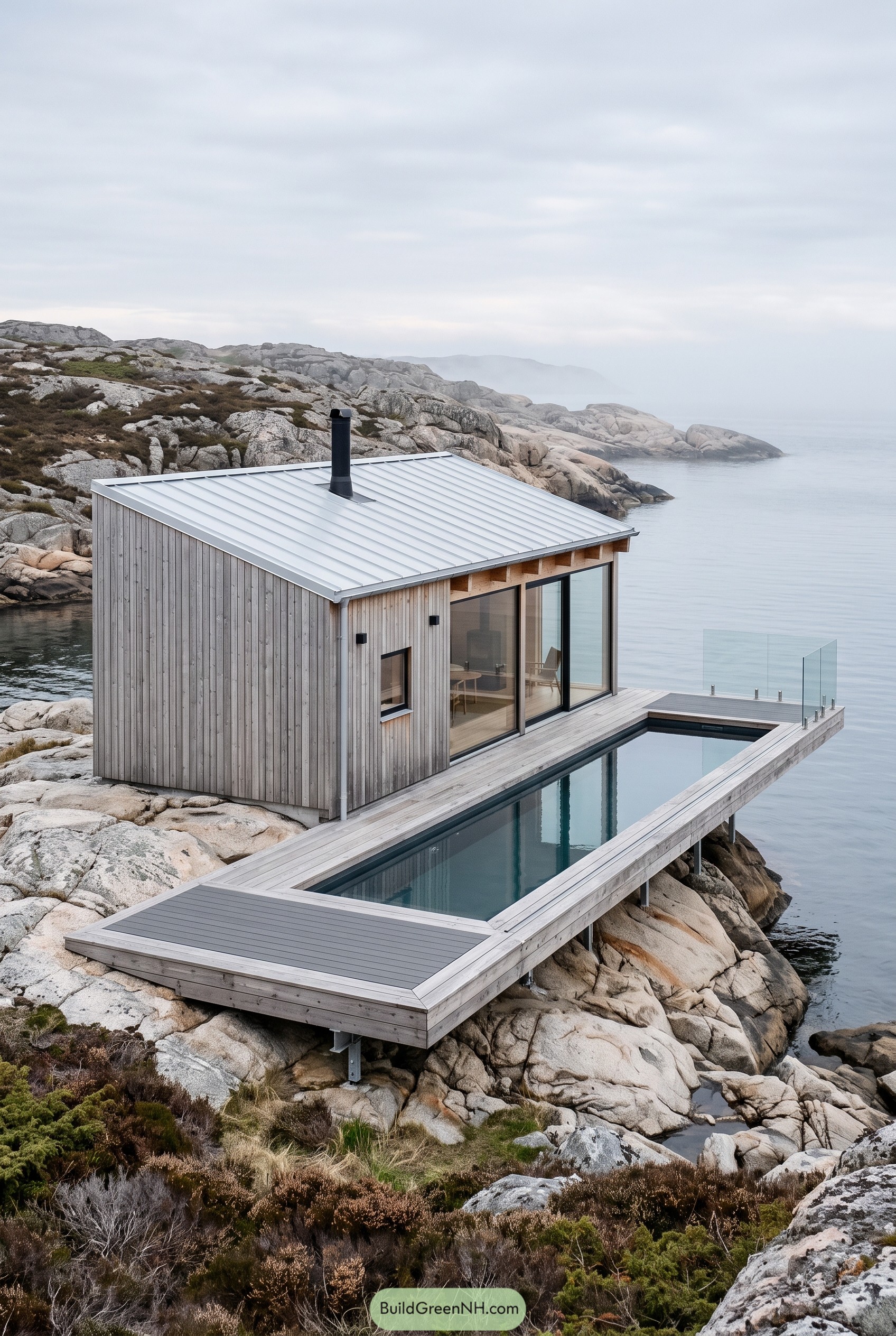 Nordic cabin with deck pool on rocky coast