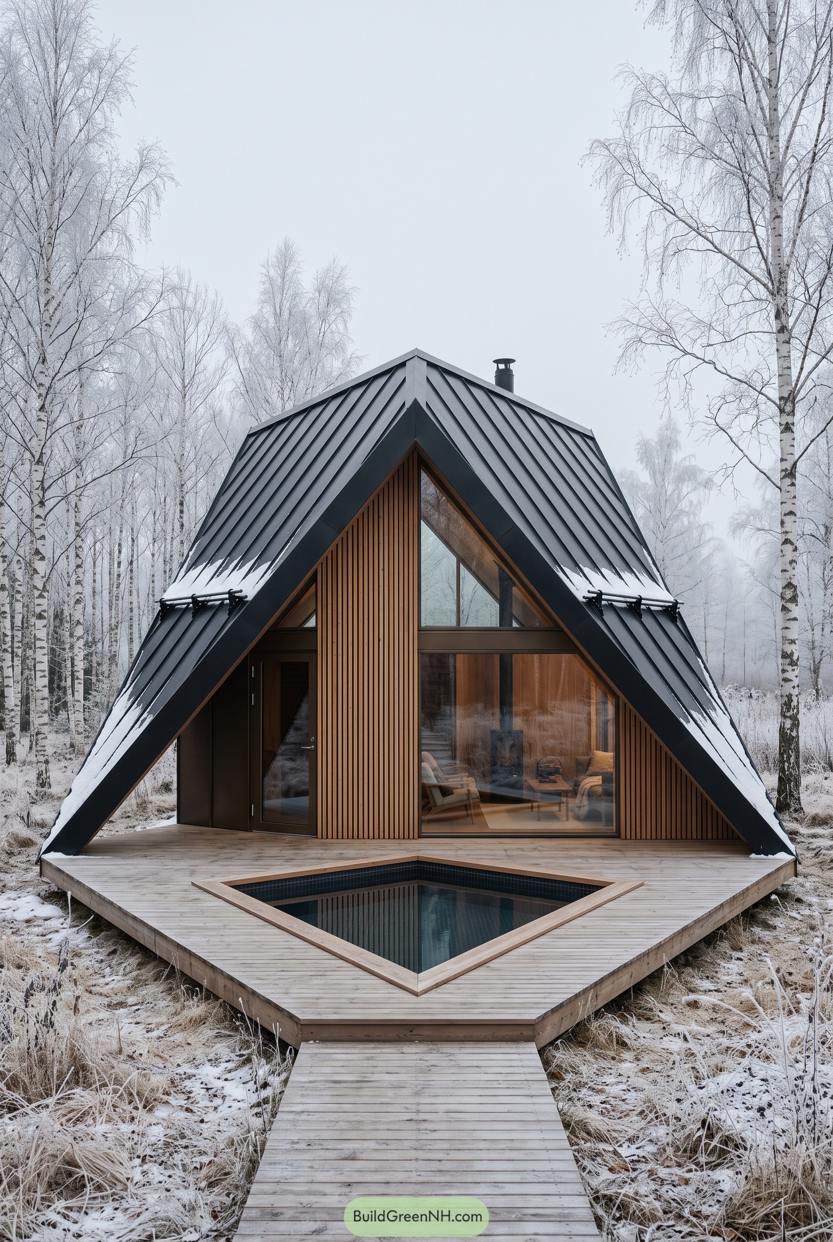 A frame cabin with deck pool in snowy birch forest