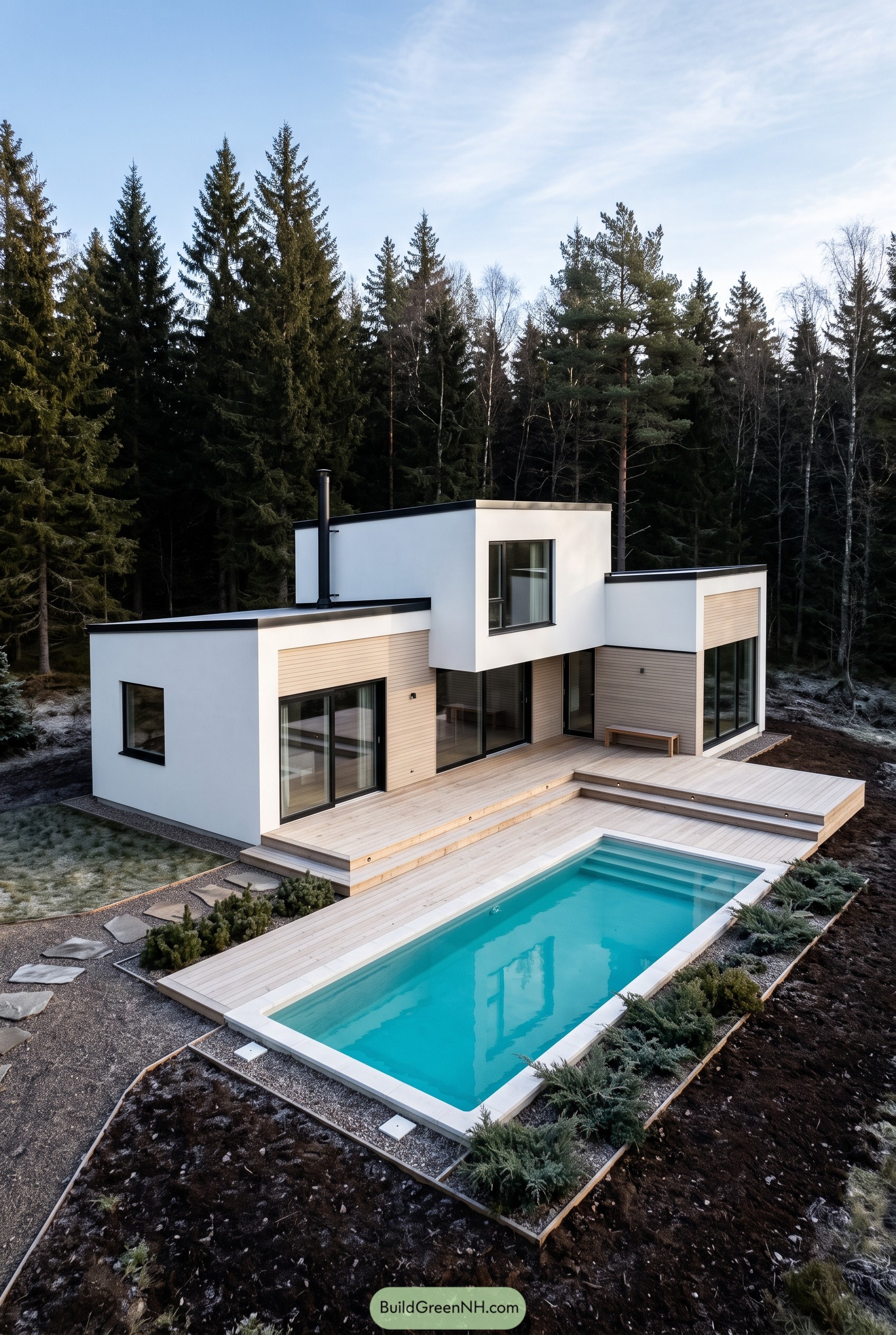 Modern Nordic cabin with deck pool in forest