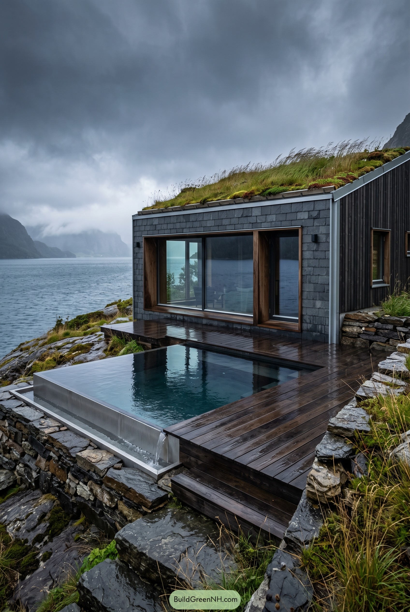 Turf-roof fjord cabin with deck pool