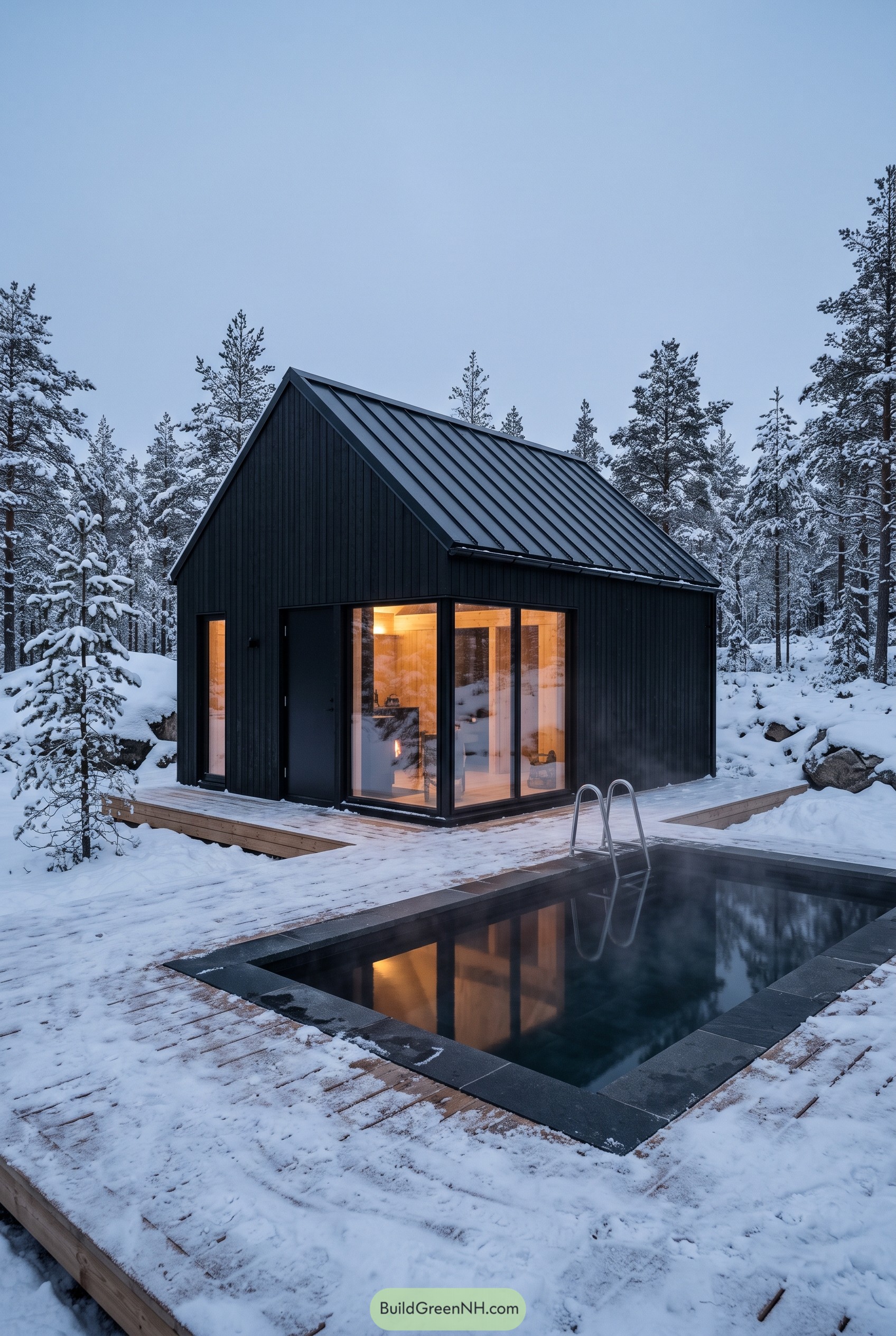 Black Nordic cabin with deck pool in snow
