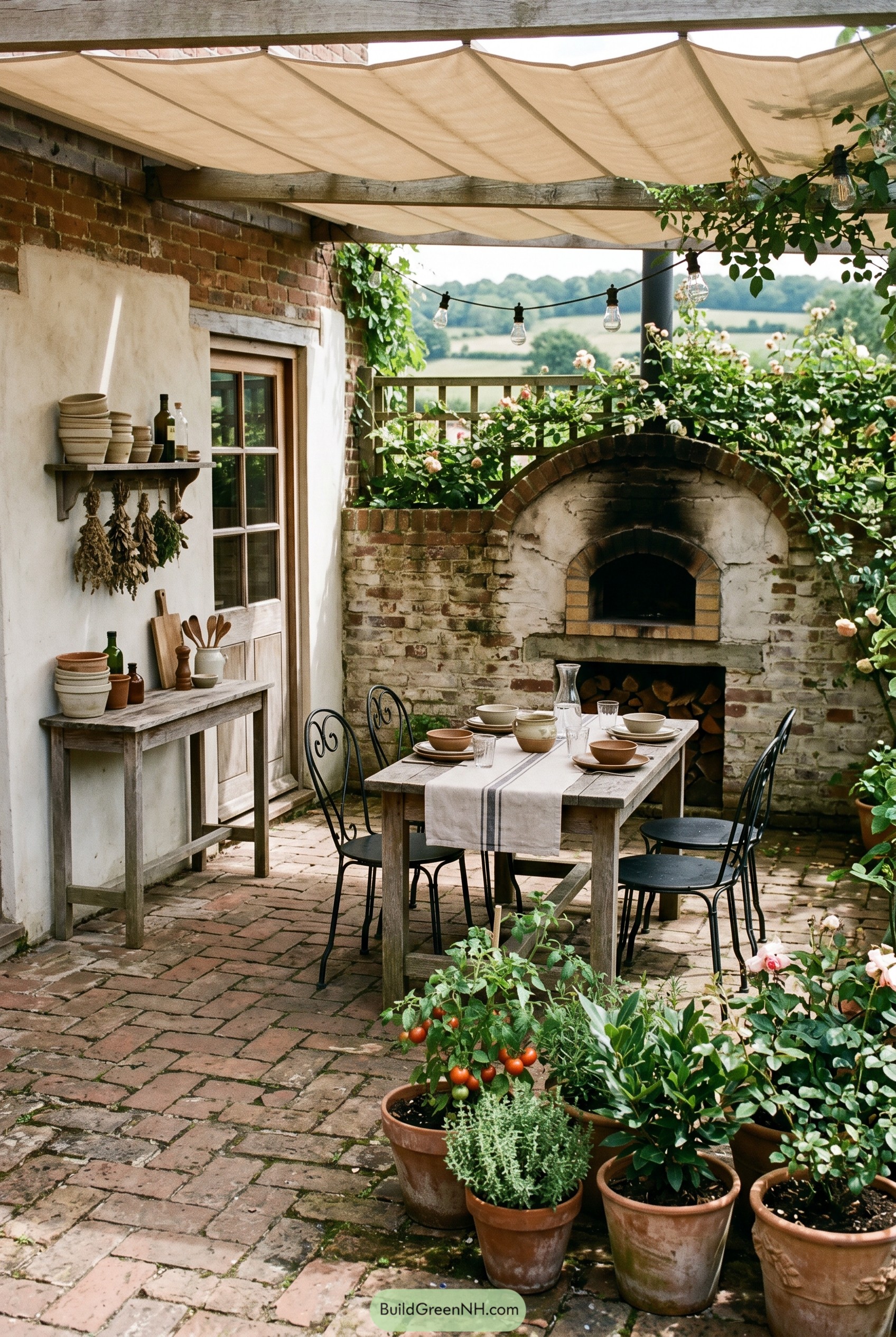 Rustic brick patio with outdoor oven
