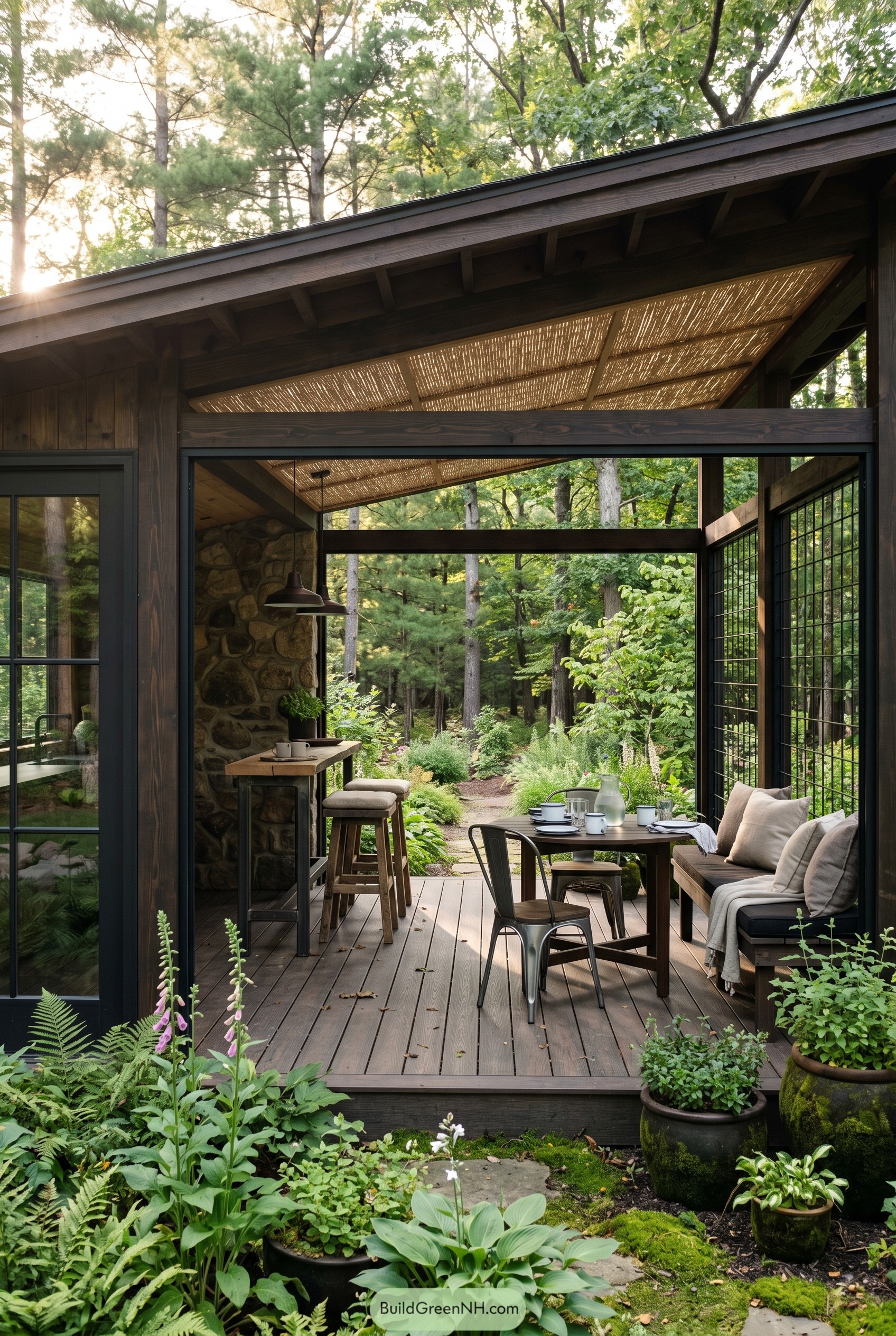 Covered rustic deck with cafe seating in a woodland garden