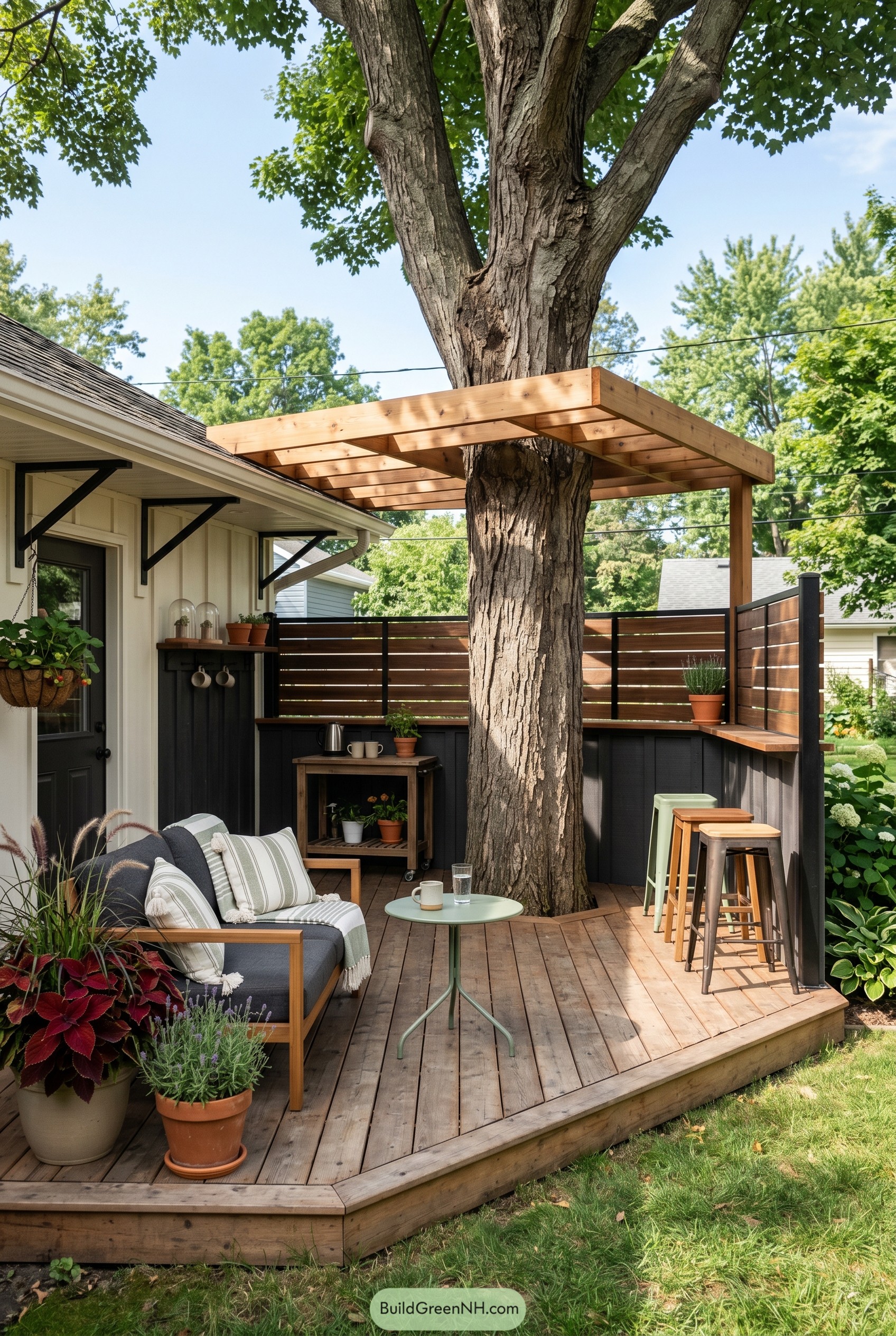 Small backyard deck wrapped around a mature tree