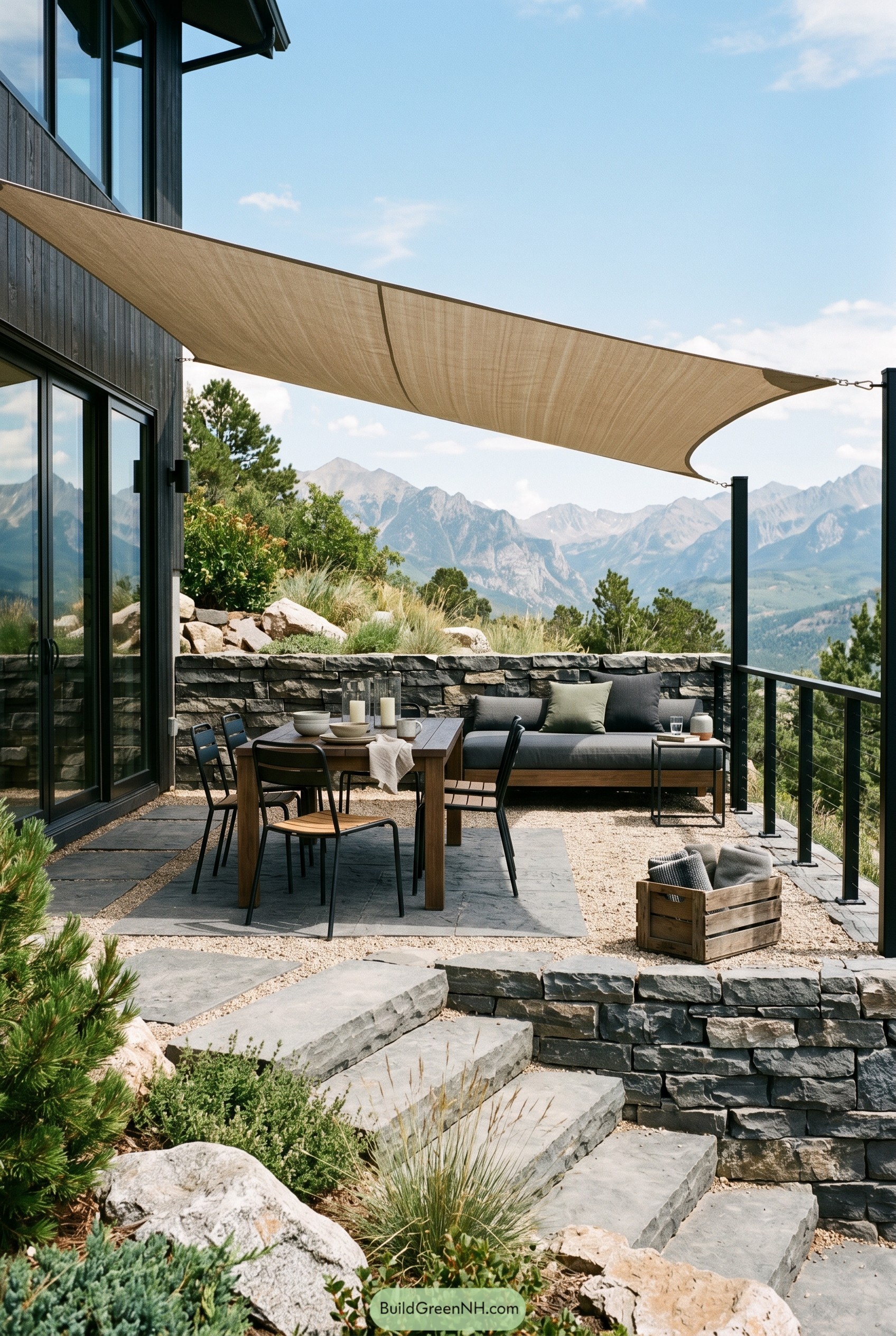 Mountain view patio with shade sail and lounge seating