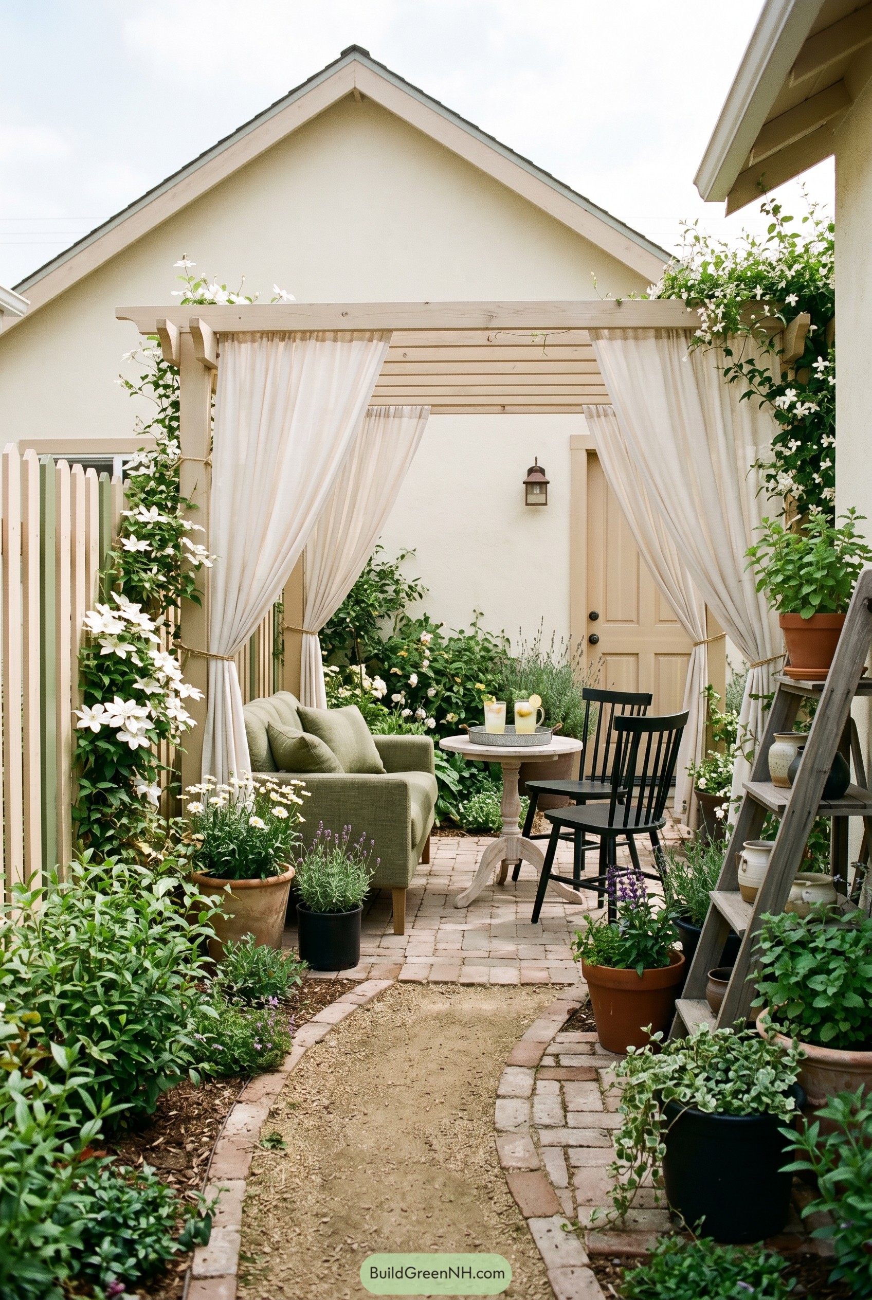 Curtained pergola nook with sofa and cafe table among flowers