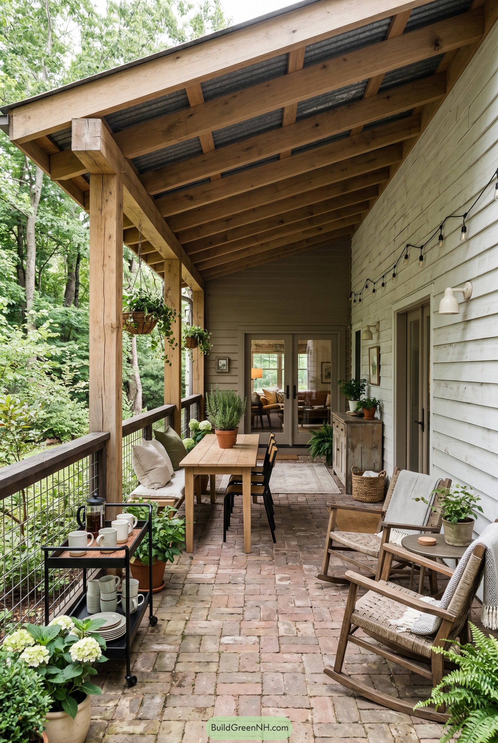 Covered rustic porch with brick floor seating