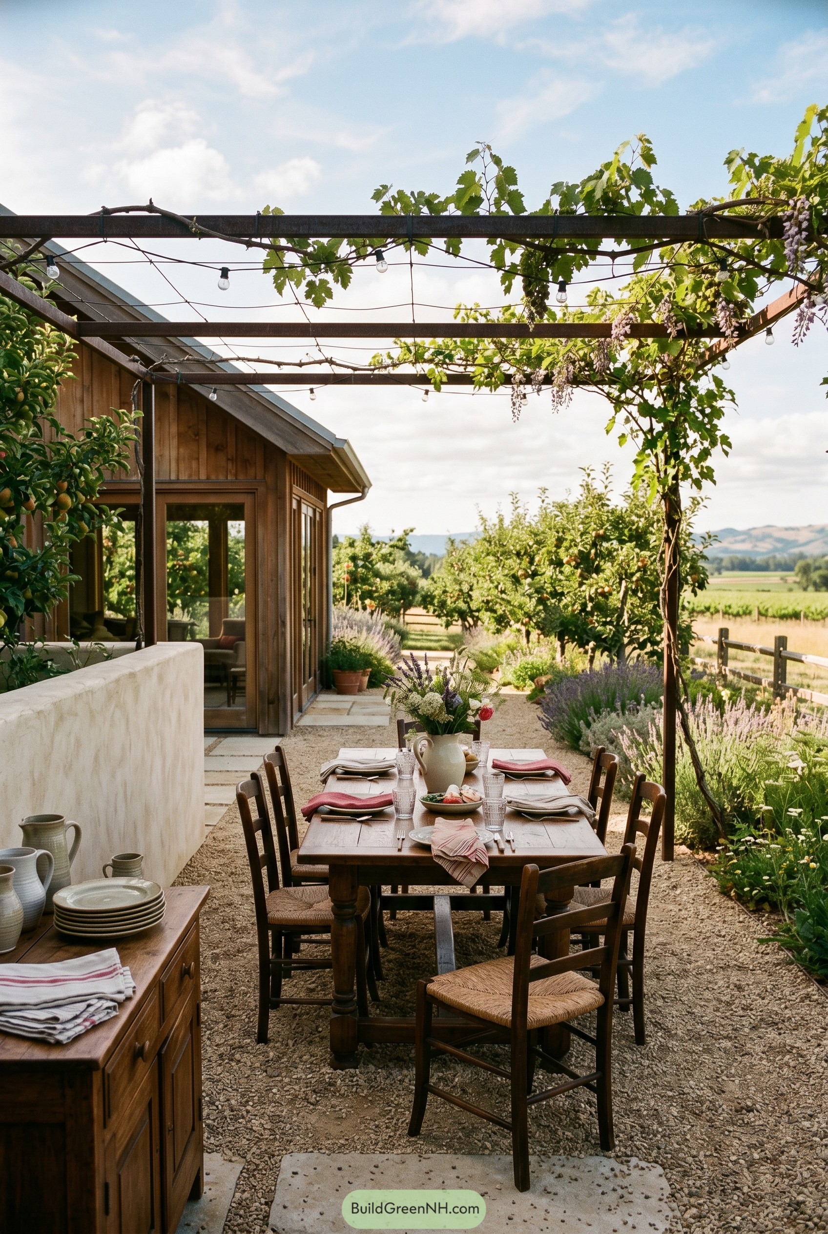 Rustic outdoor table beneath vine arbor
