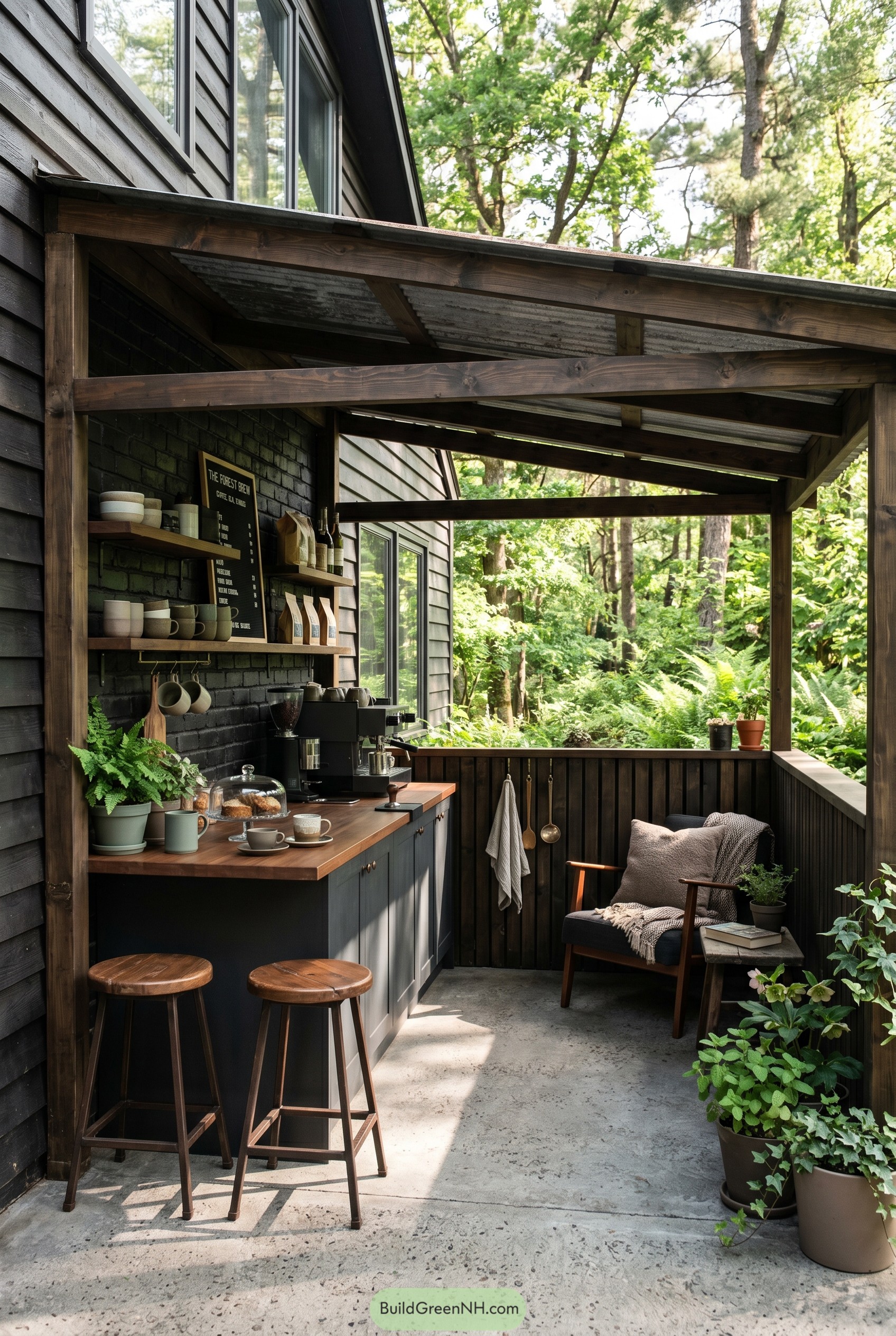 Covered outdoor coffee bar beside a wooded house