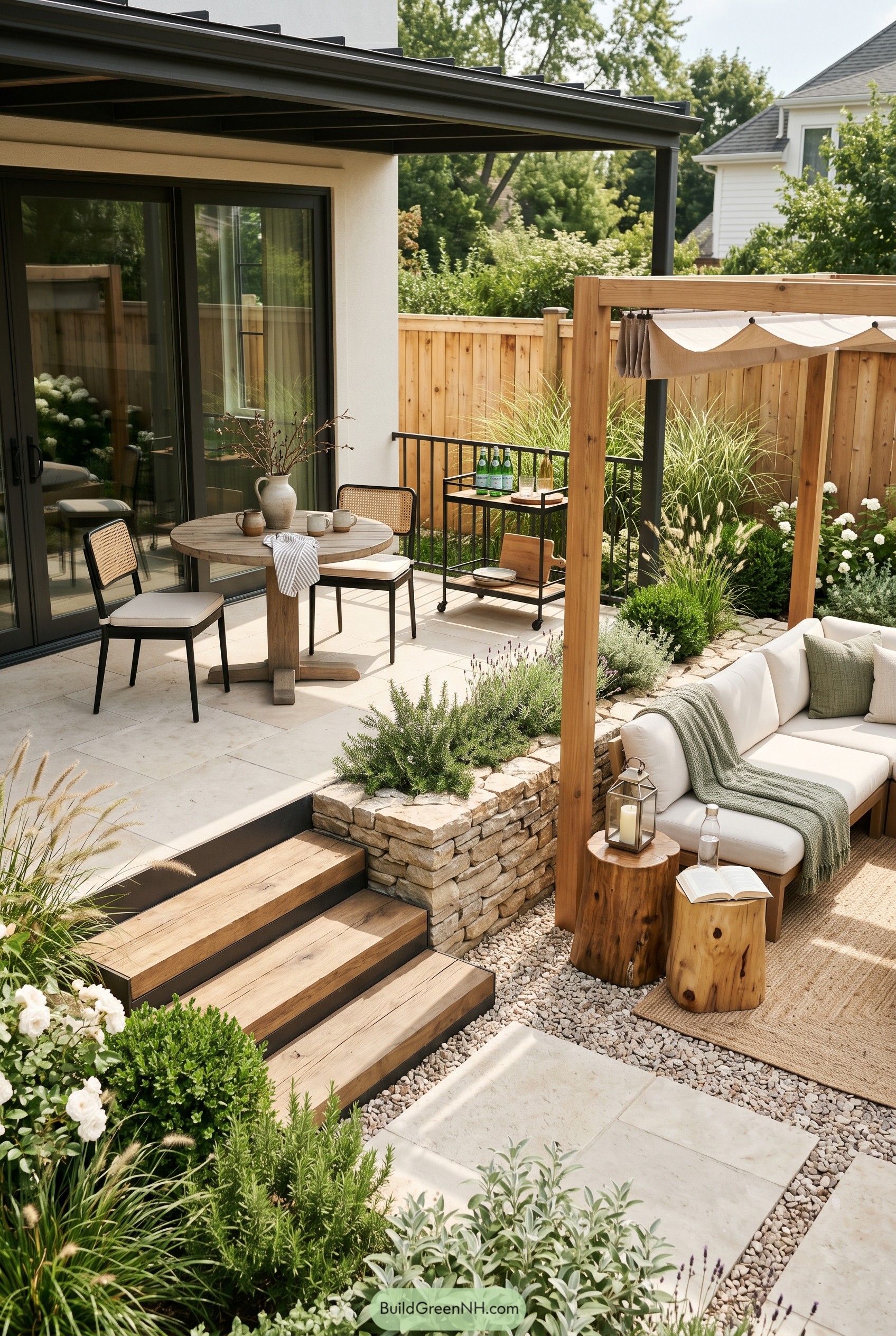 Tiered patio with dining nook and shaded sofa