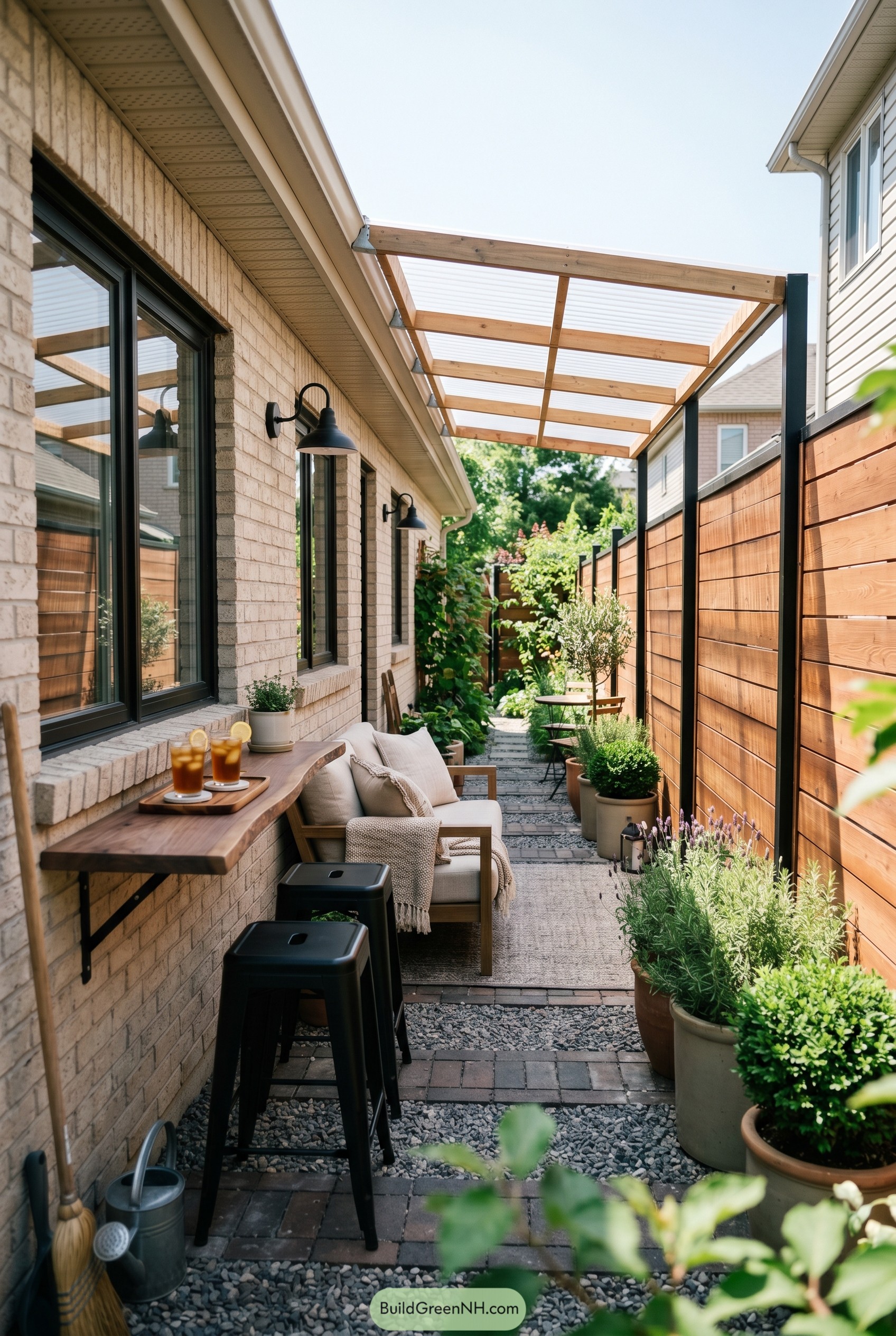 Narrow side yard cafe nook with bar ledge and clear pergola