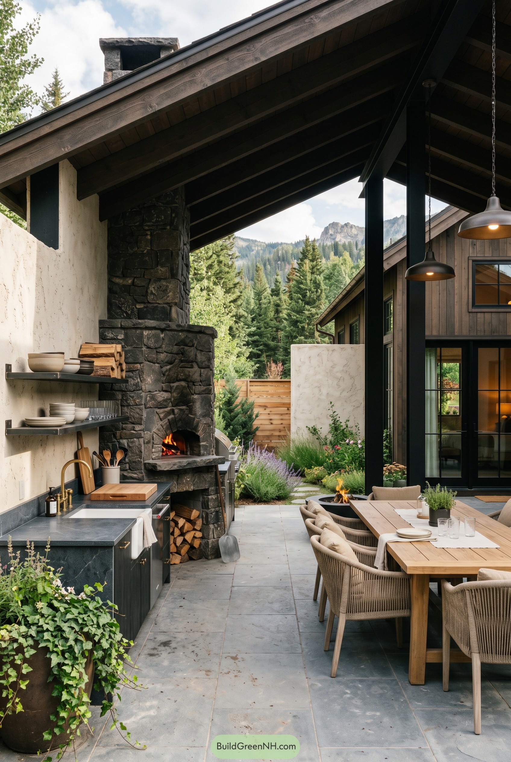 Covered rustic patio with stone oven and dining table