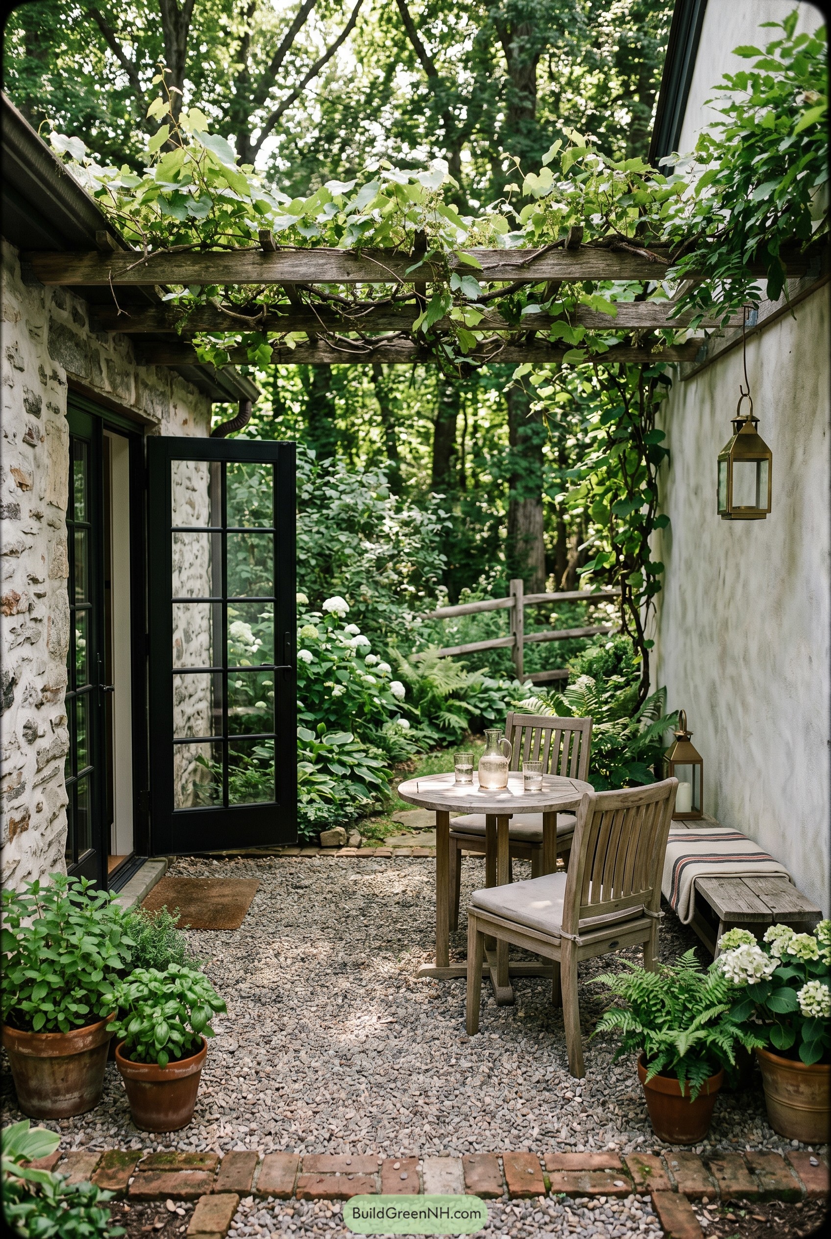 Narrow gravel patio with vine covered pergola
