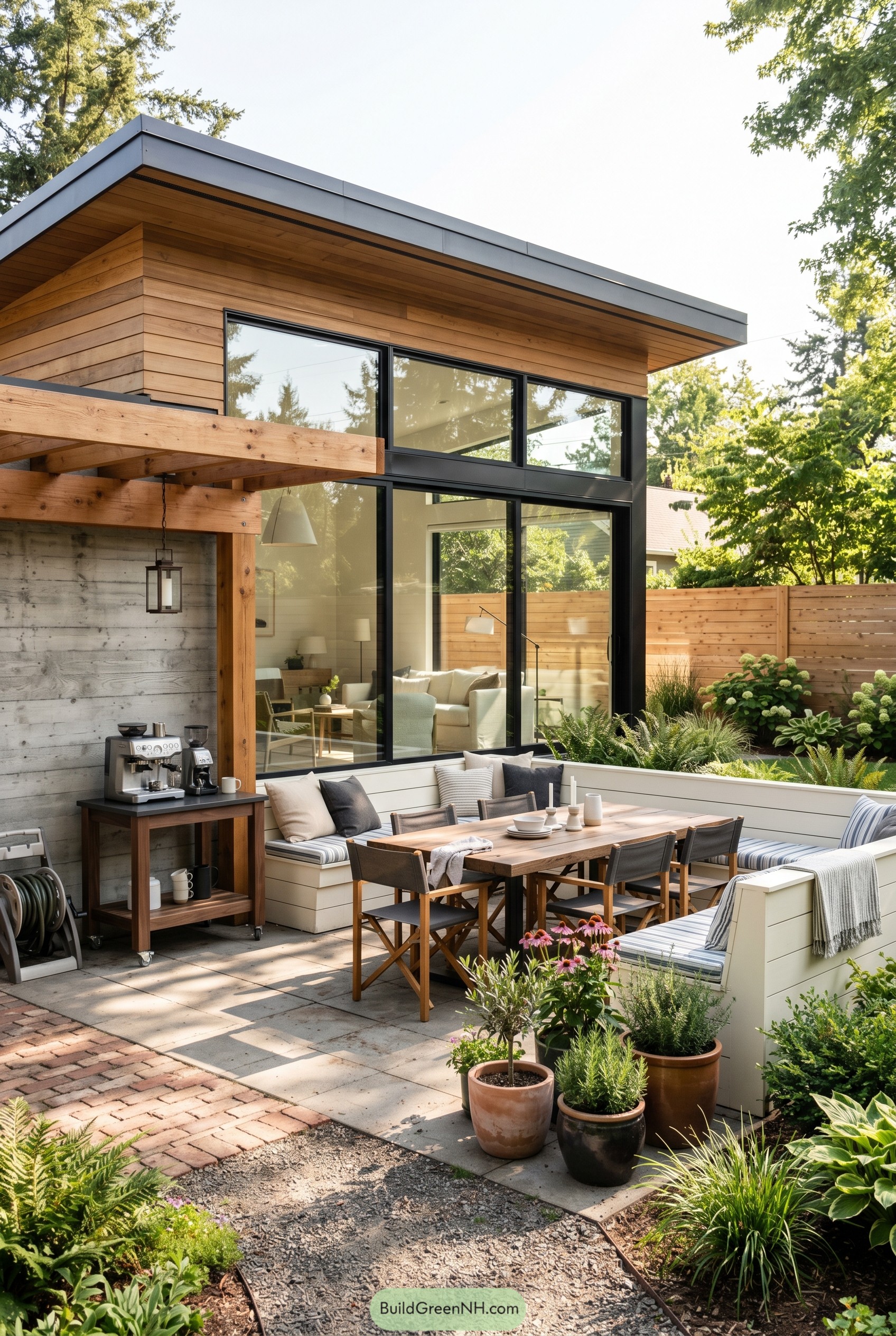 Modern rustic patio with built in seating and coffee cart