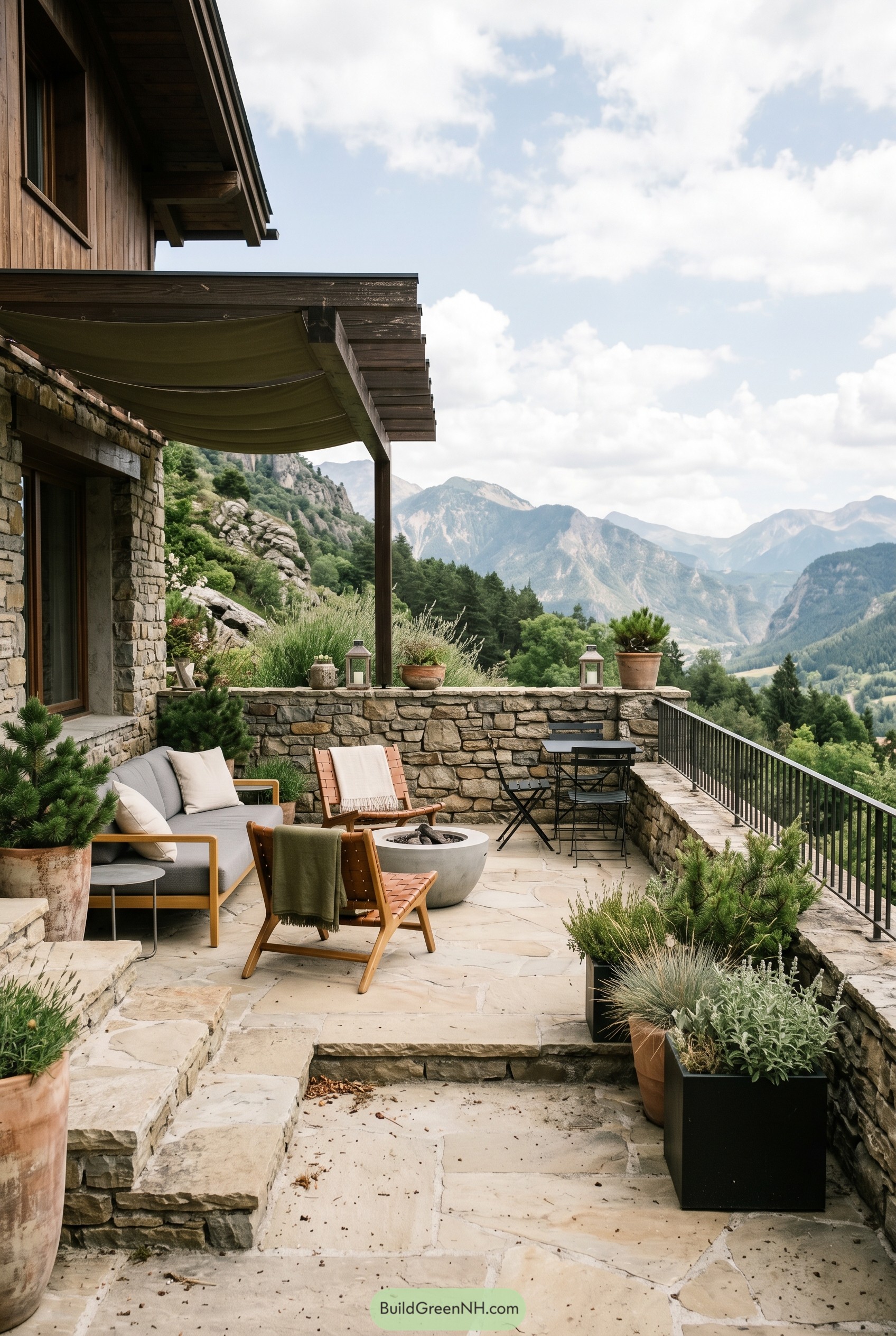Stone patio lounge with mountain view