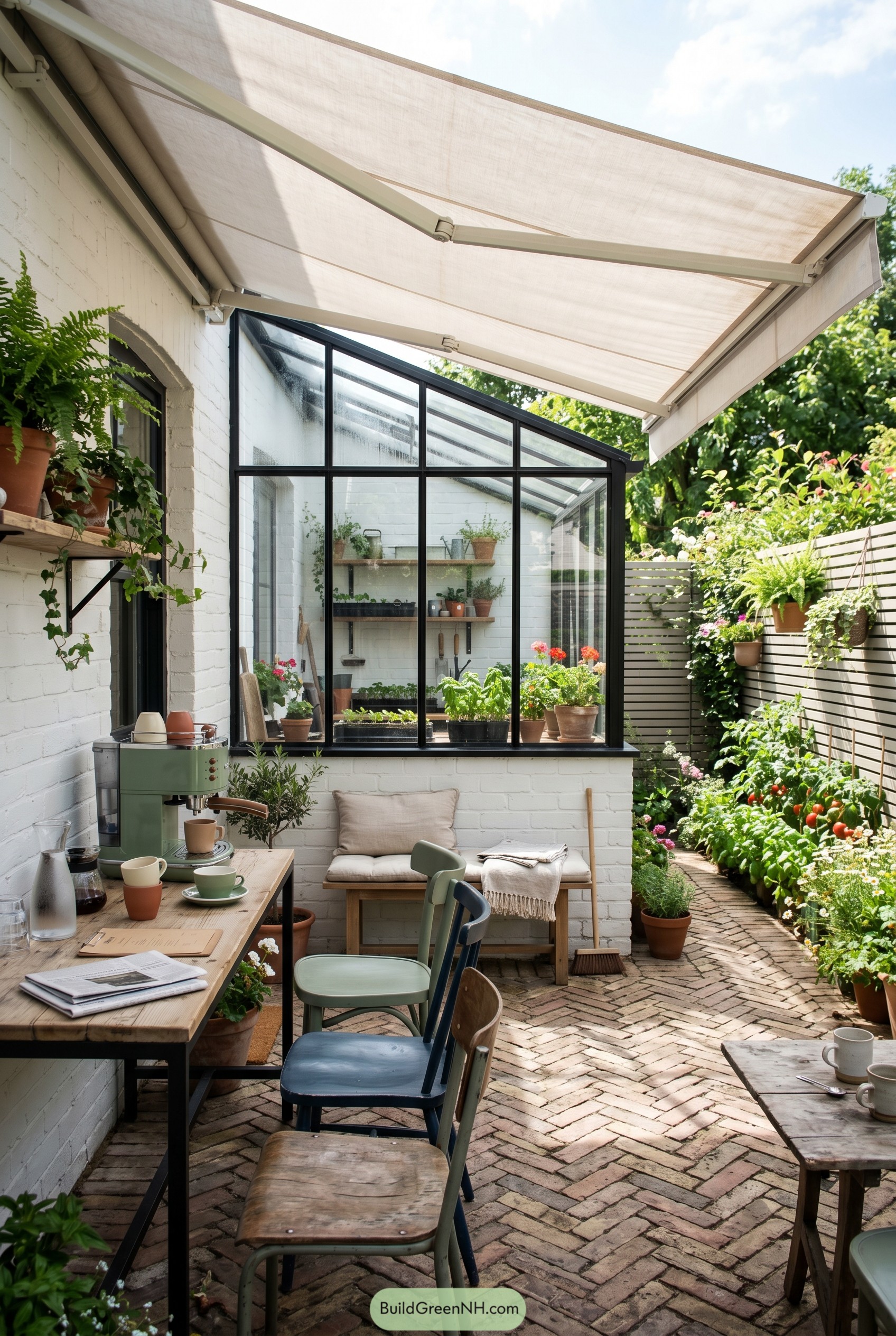 Narrow brick patio with awning café seating and glass garden room