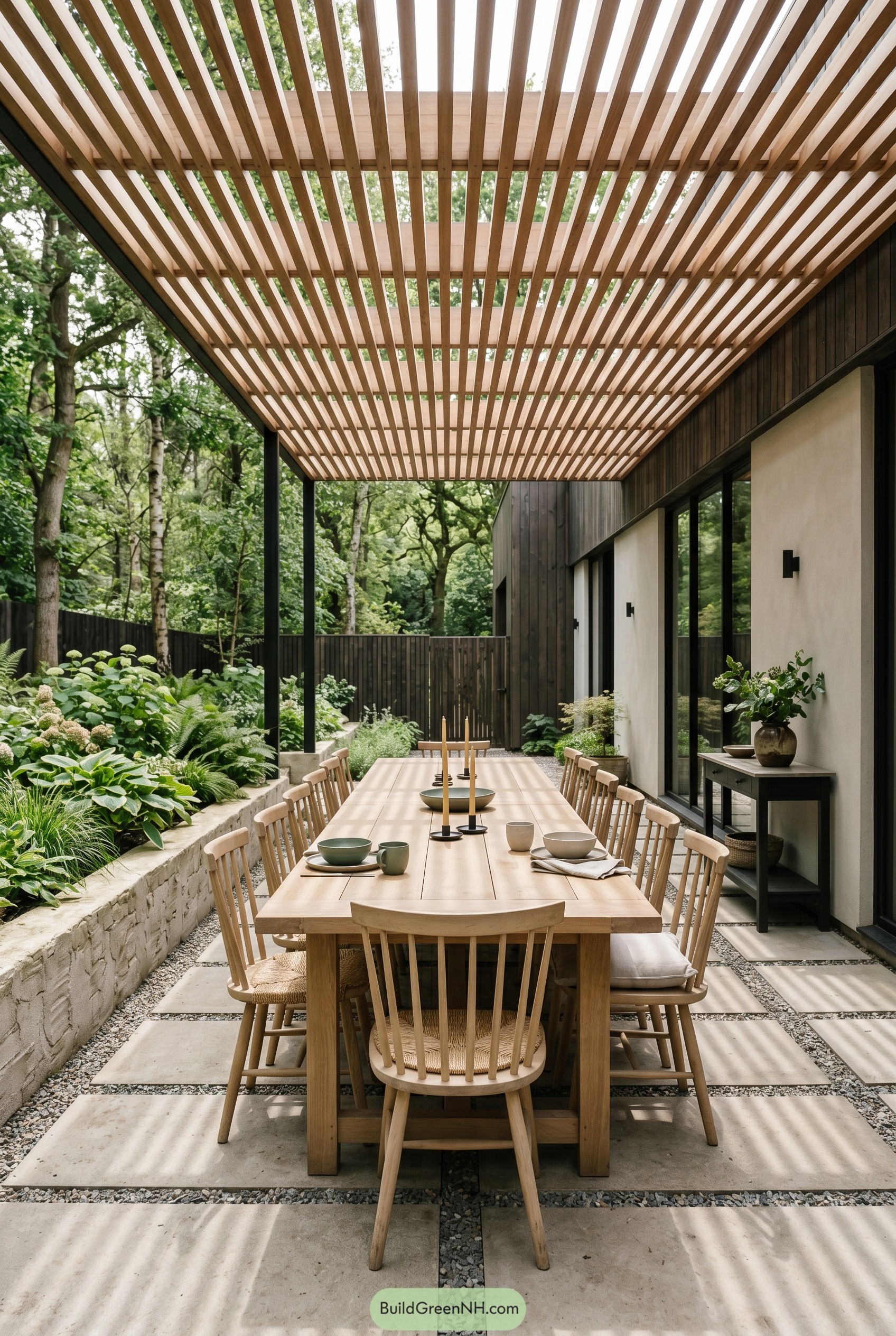Long wood dining patio under slatted pergola