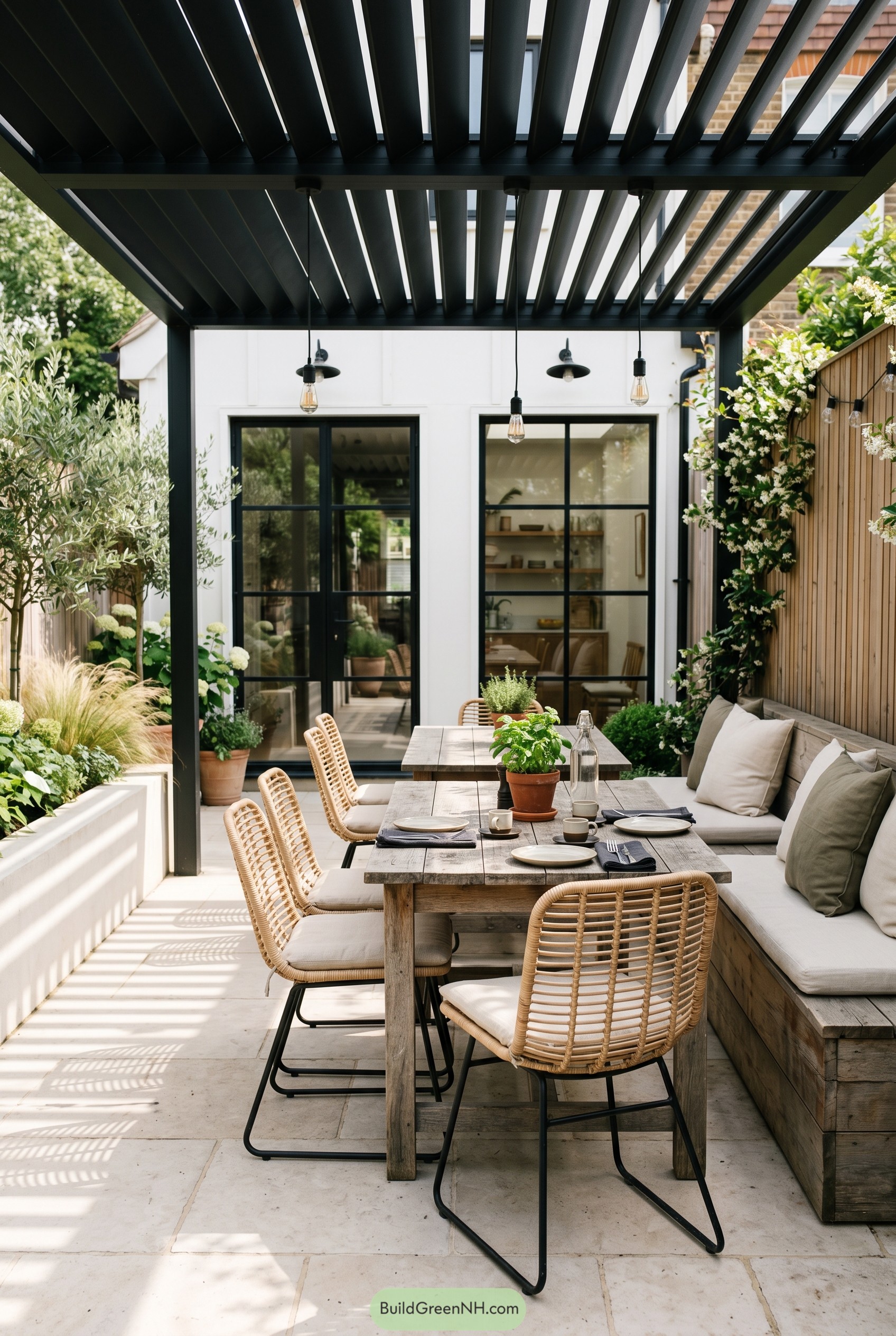 Rustic outdoor dining patio under black pergola