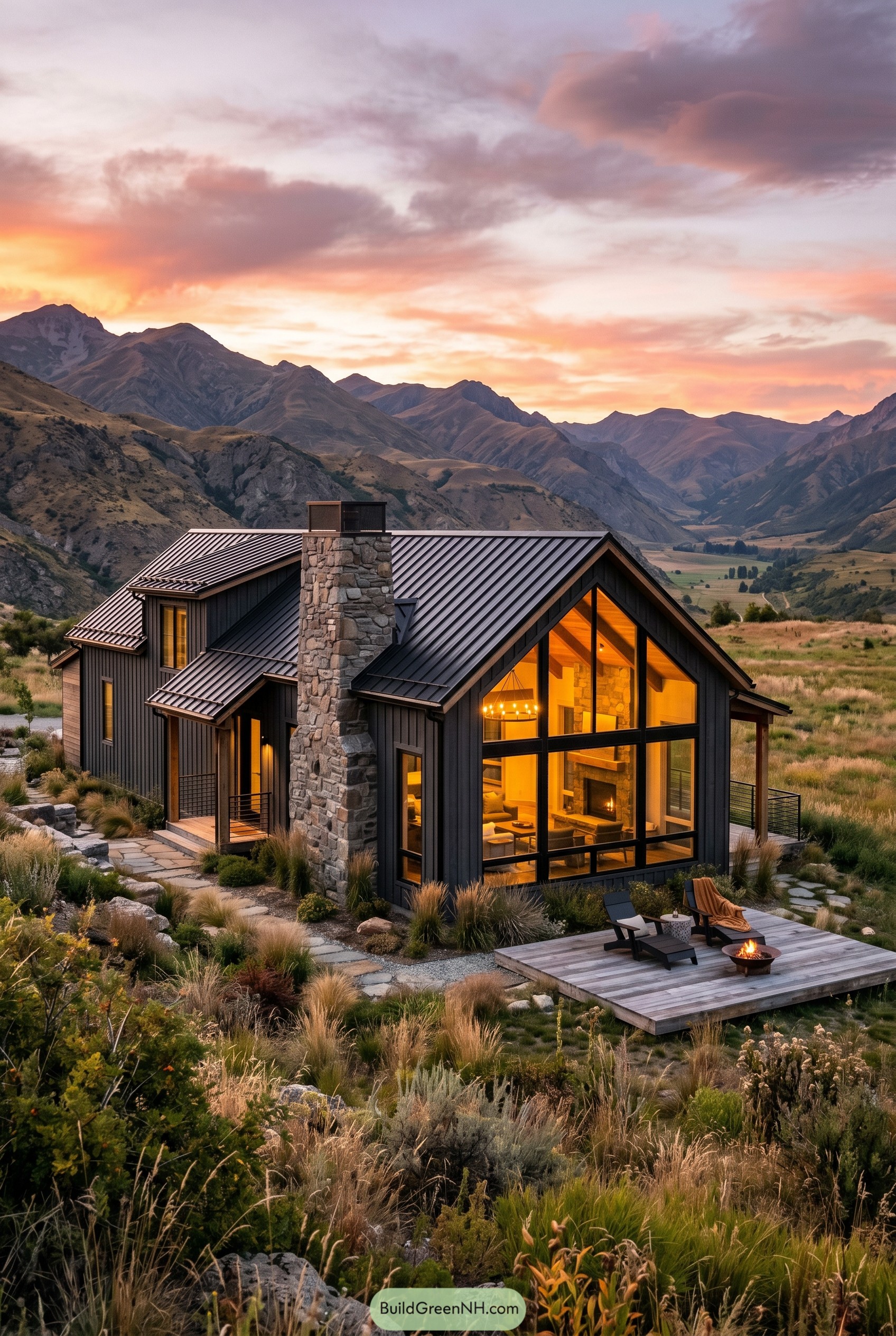 Modern rustic farmhouse in a mountain valley