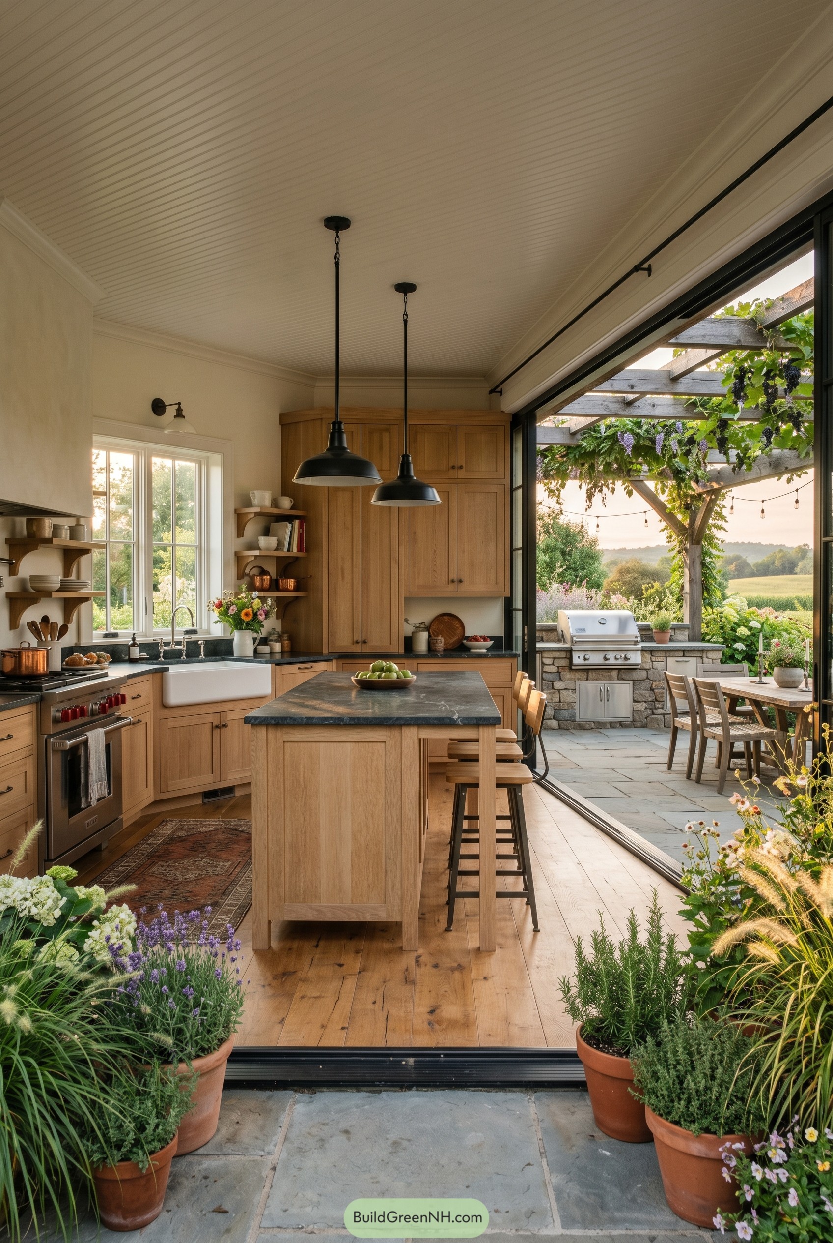 Farmhouse kitchen open to vine covered patio