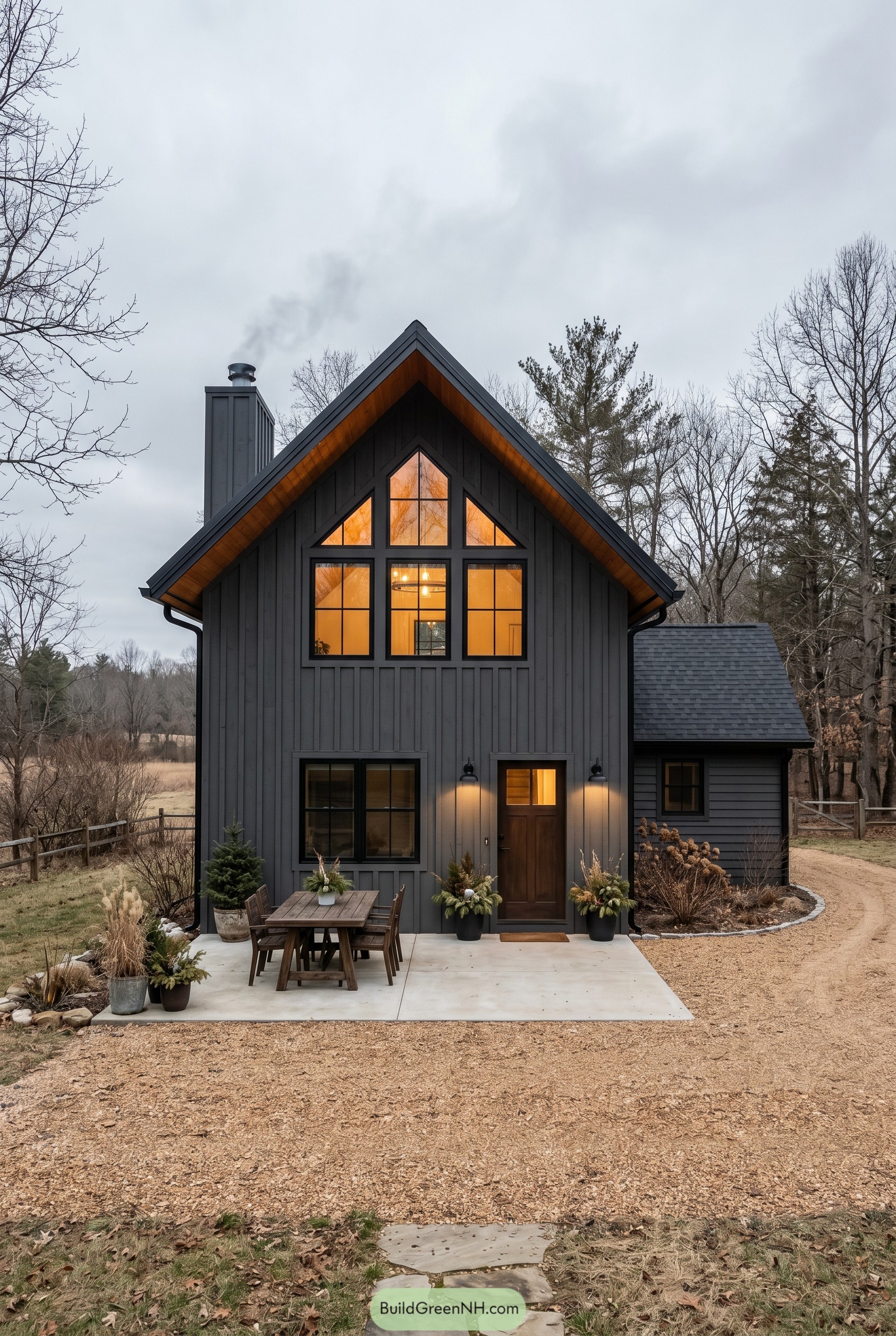 Dark gray gabled farmhouse with warm windows