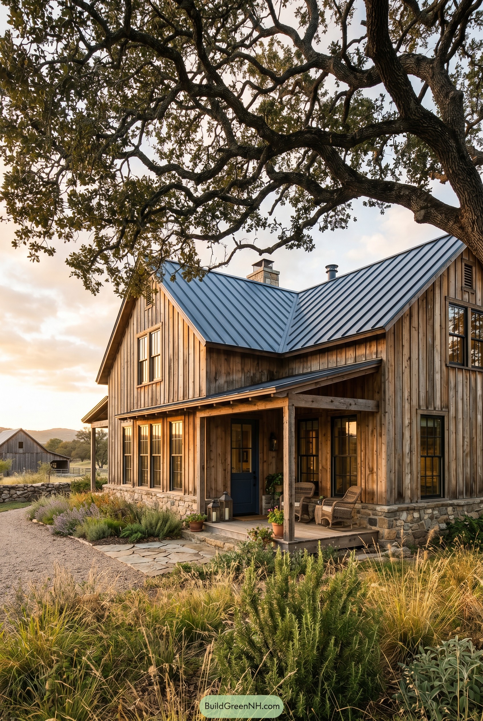 Wood farmhouse with metal roof beneath oak