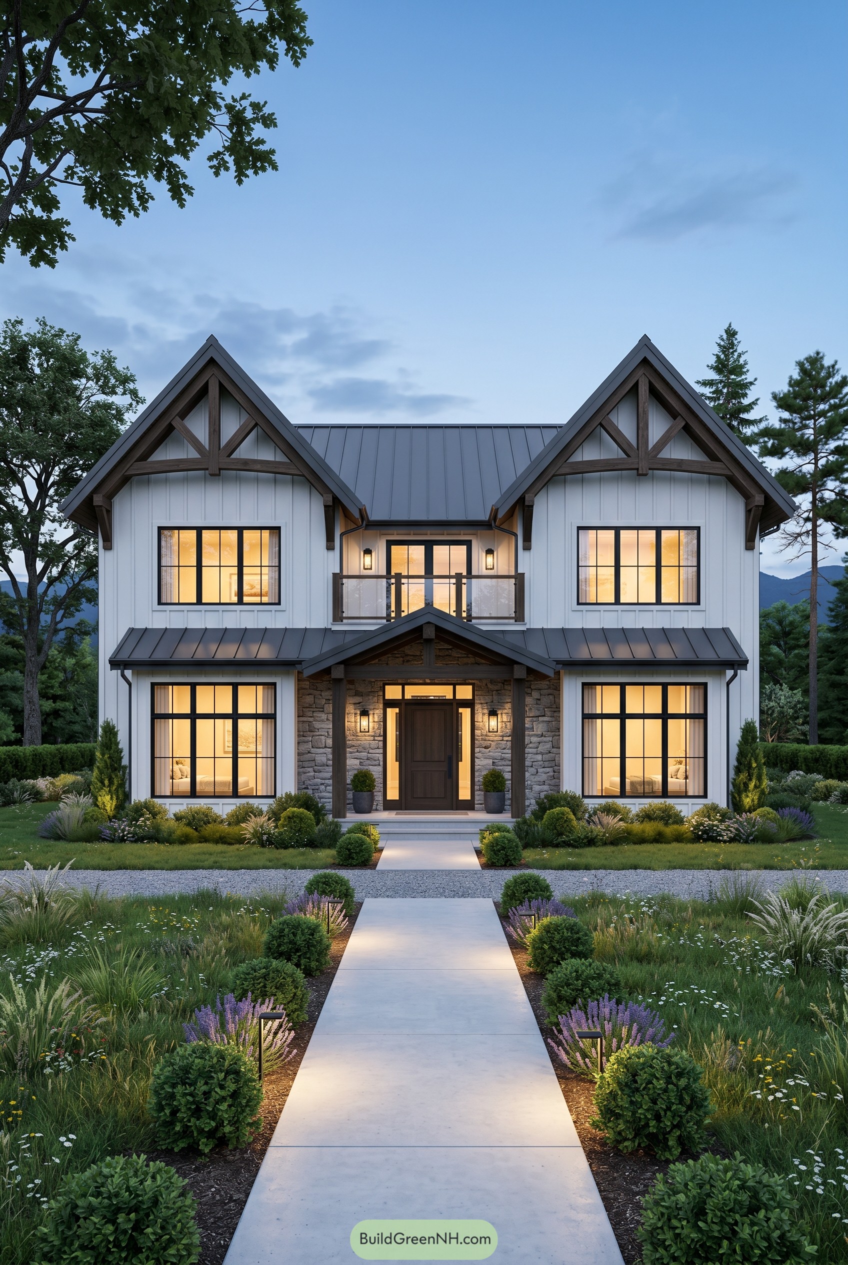 Modern farmhouse with twin gables and stone entry