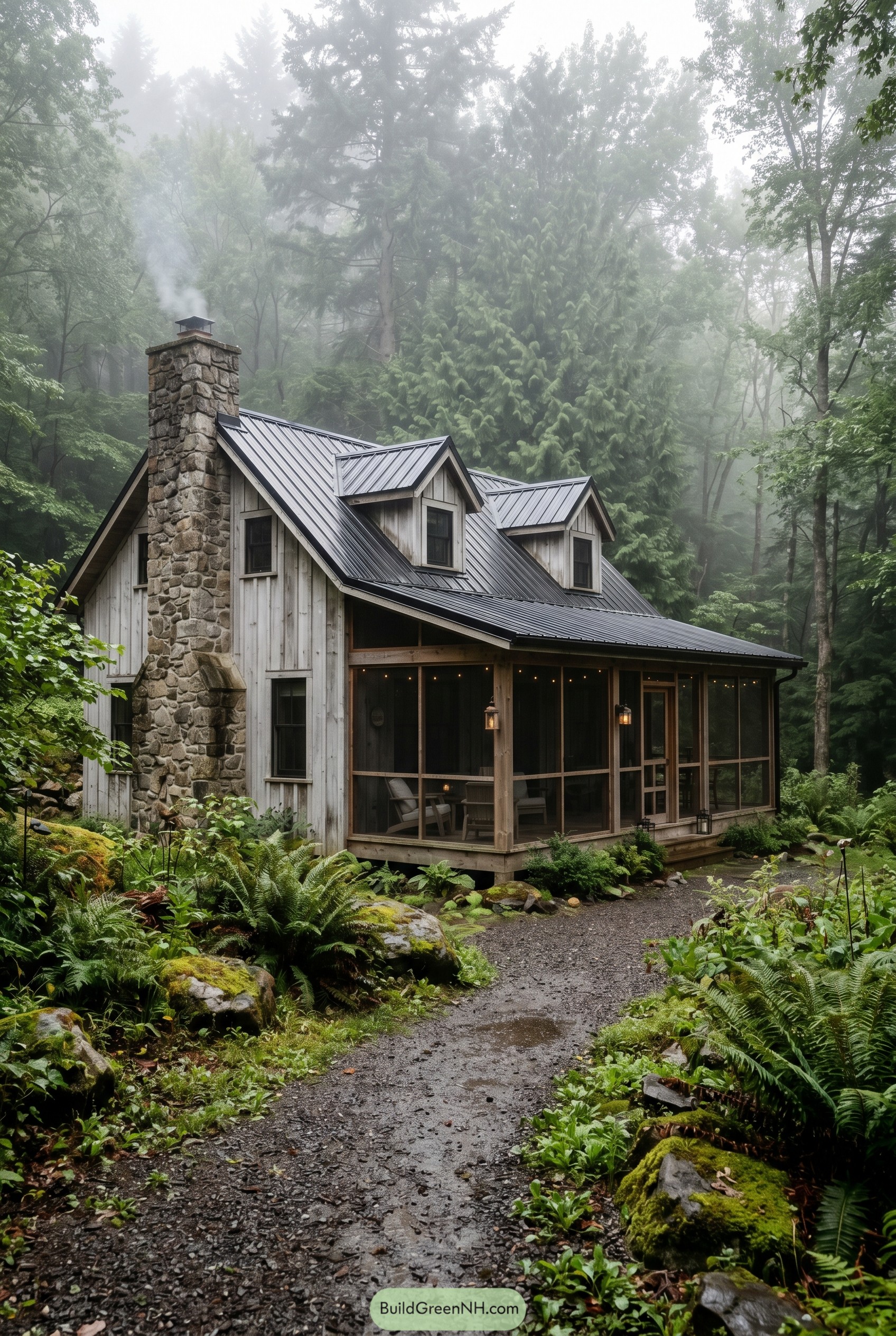 Rustic farmhouse with metal roof in foggy forest