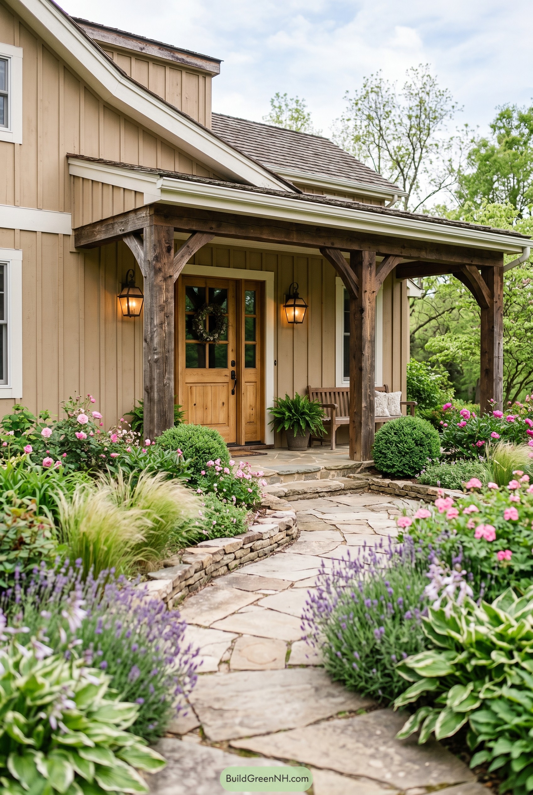 Rustic farmhouse porch with timber posts and garden path