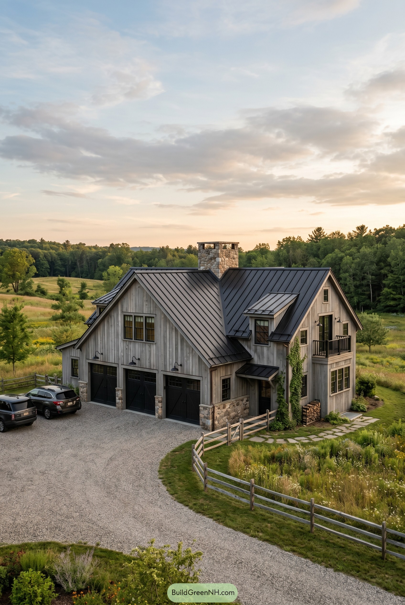 Modern farmhouse with black metal roof and stone chimney