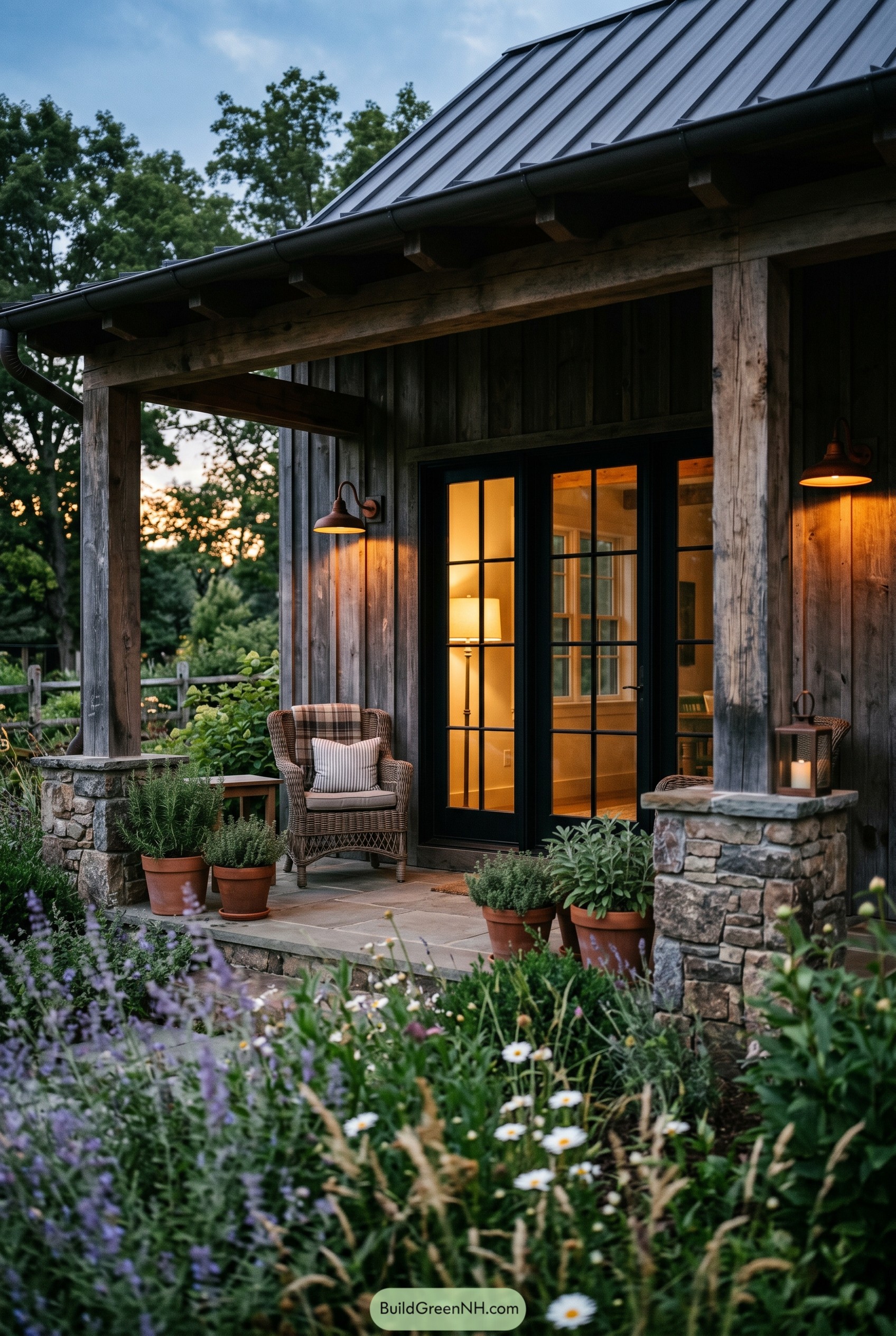 Timber porch with black French doors