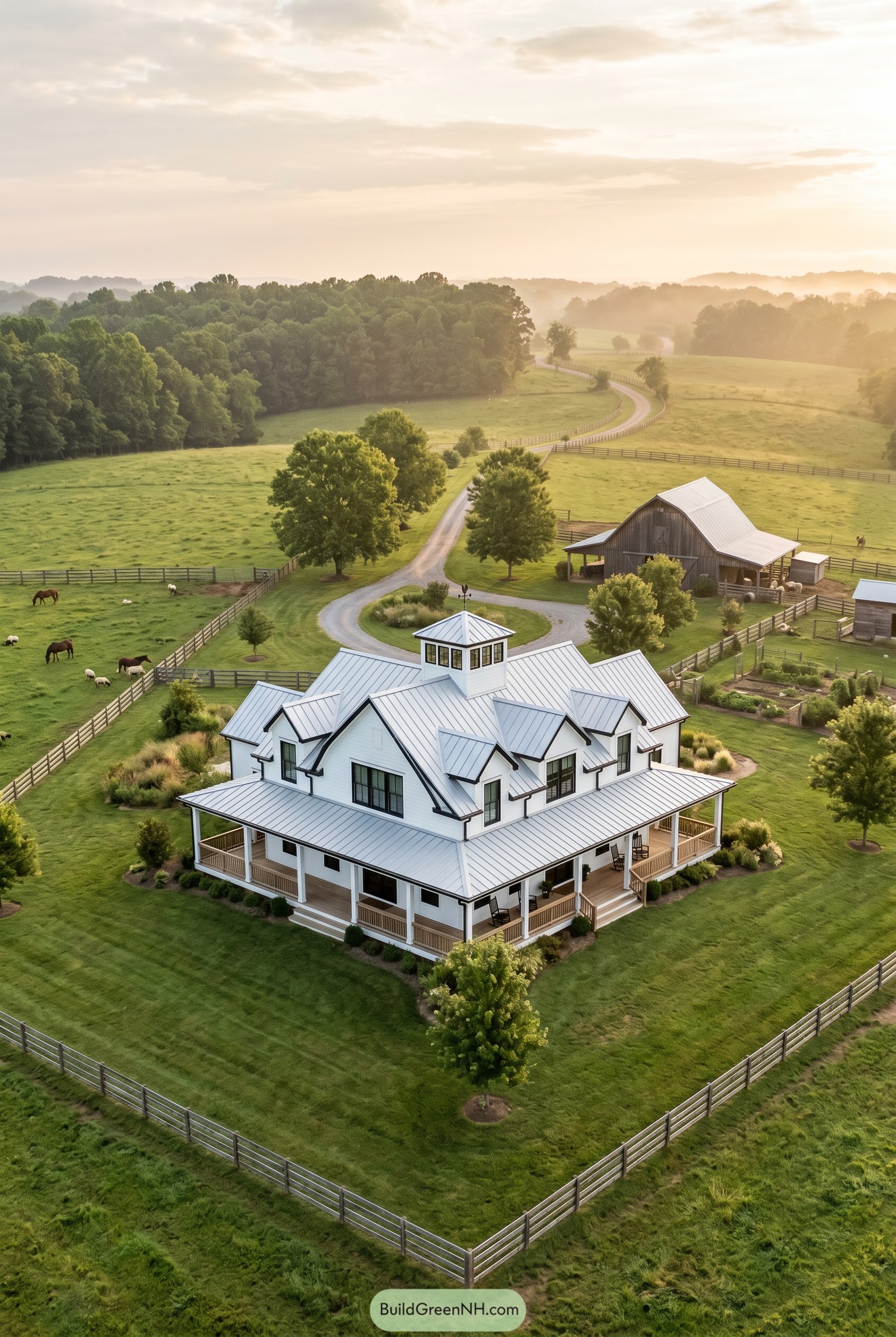 White farmhouse with wraparound porch and metal roof