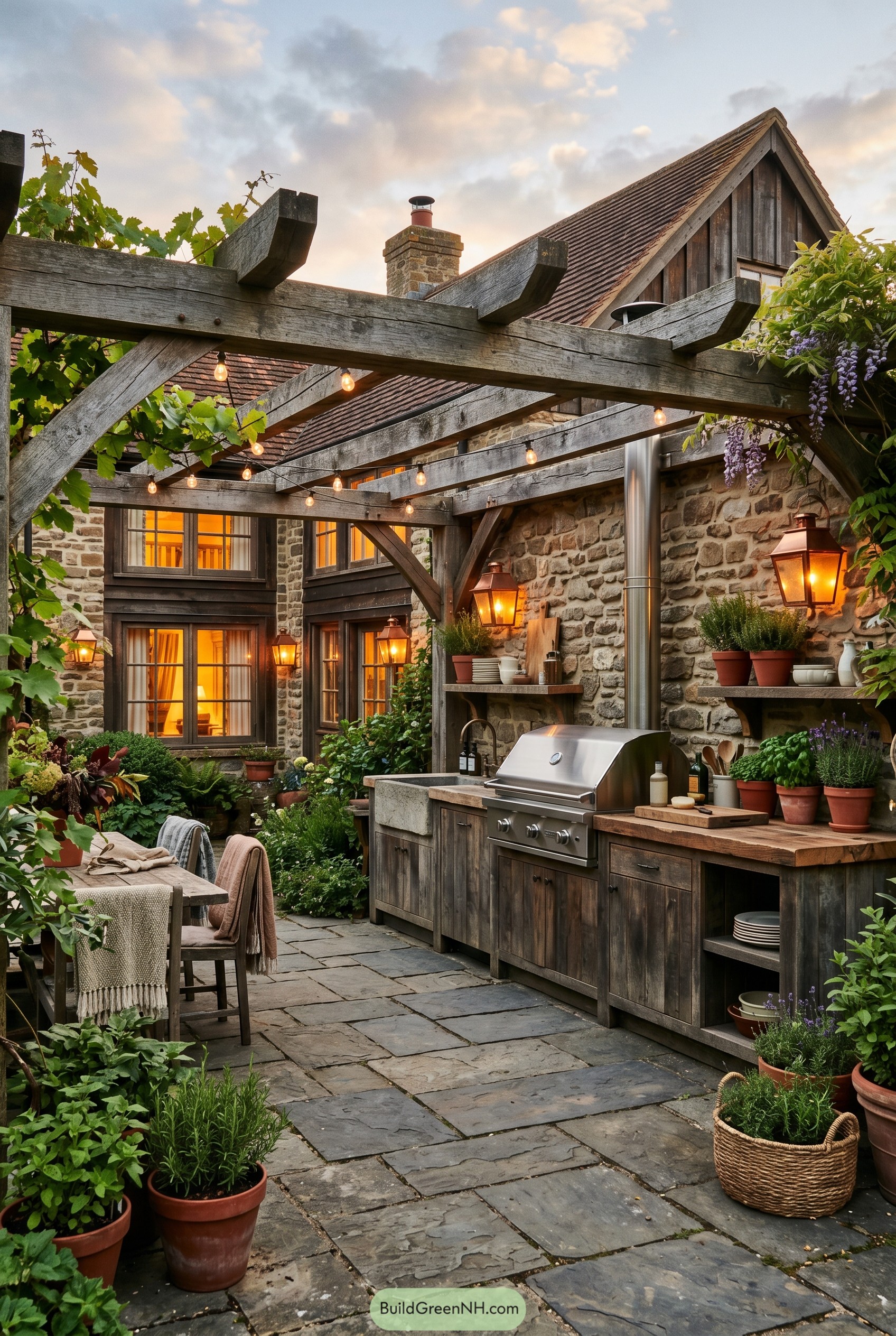 Rustic farmhouse courtyard with pergola kitchen