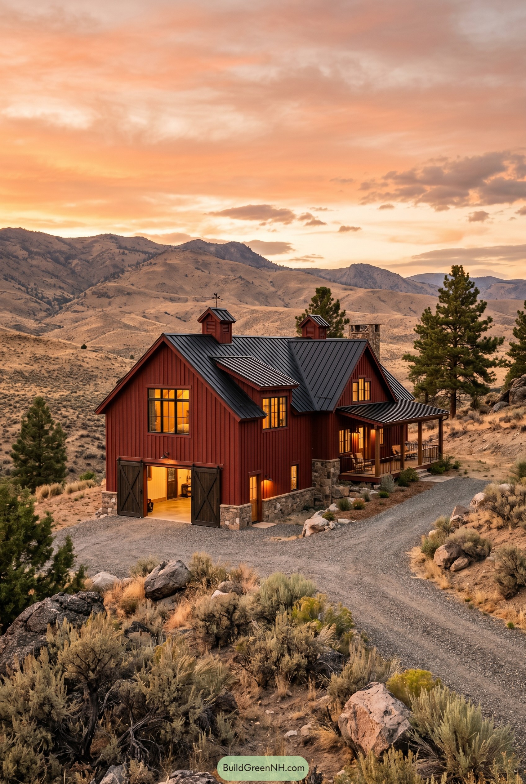 Red barn farmhouse with black metal roof in desert hills