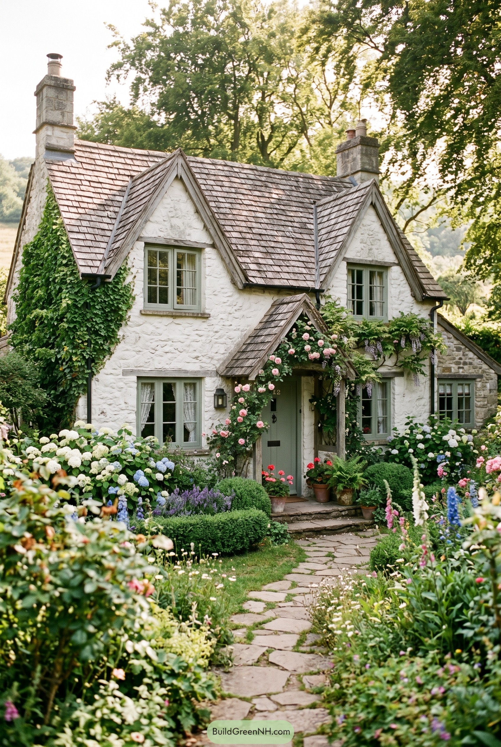 Stone cottage with garden and gabled roof