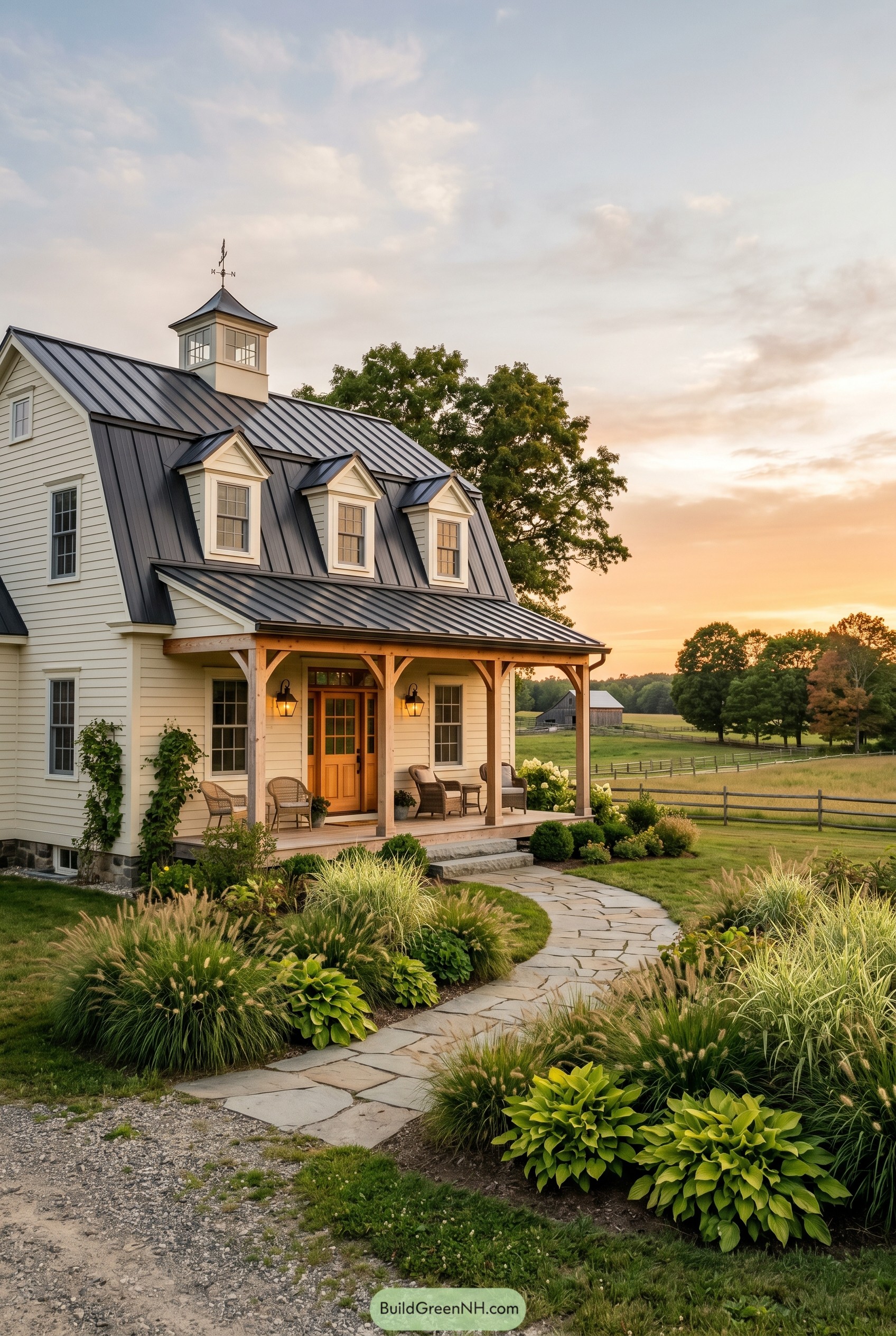 Cream farmhouse with black metal roof and cupola