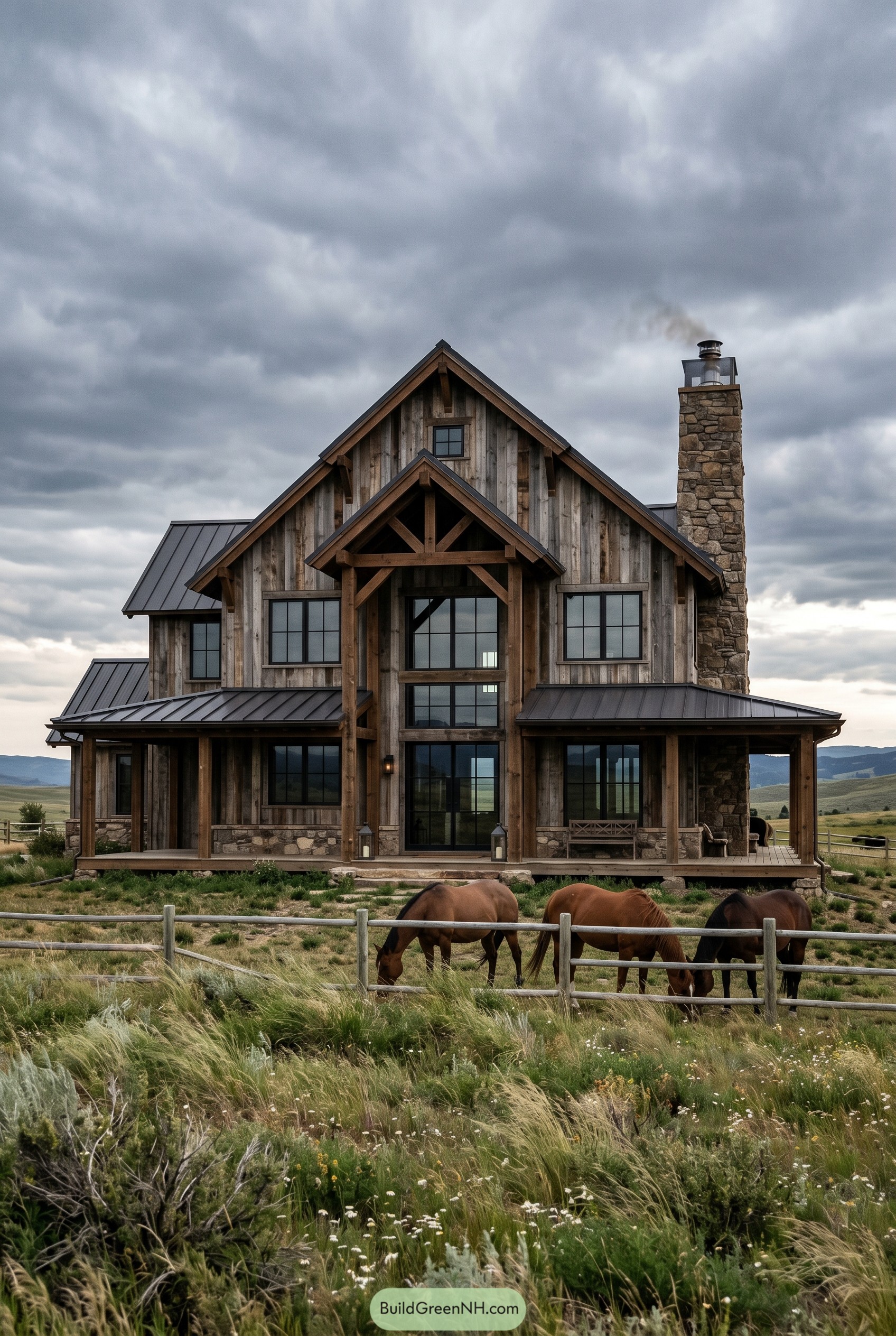 Rustic timber farmhouse with grazing horses