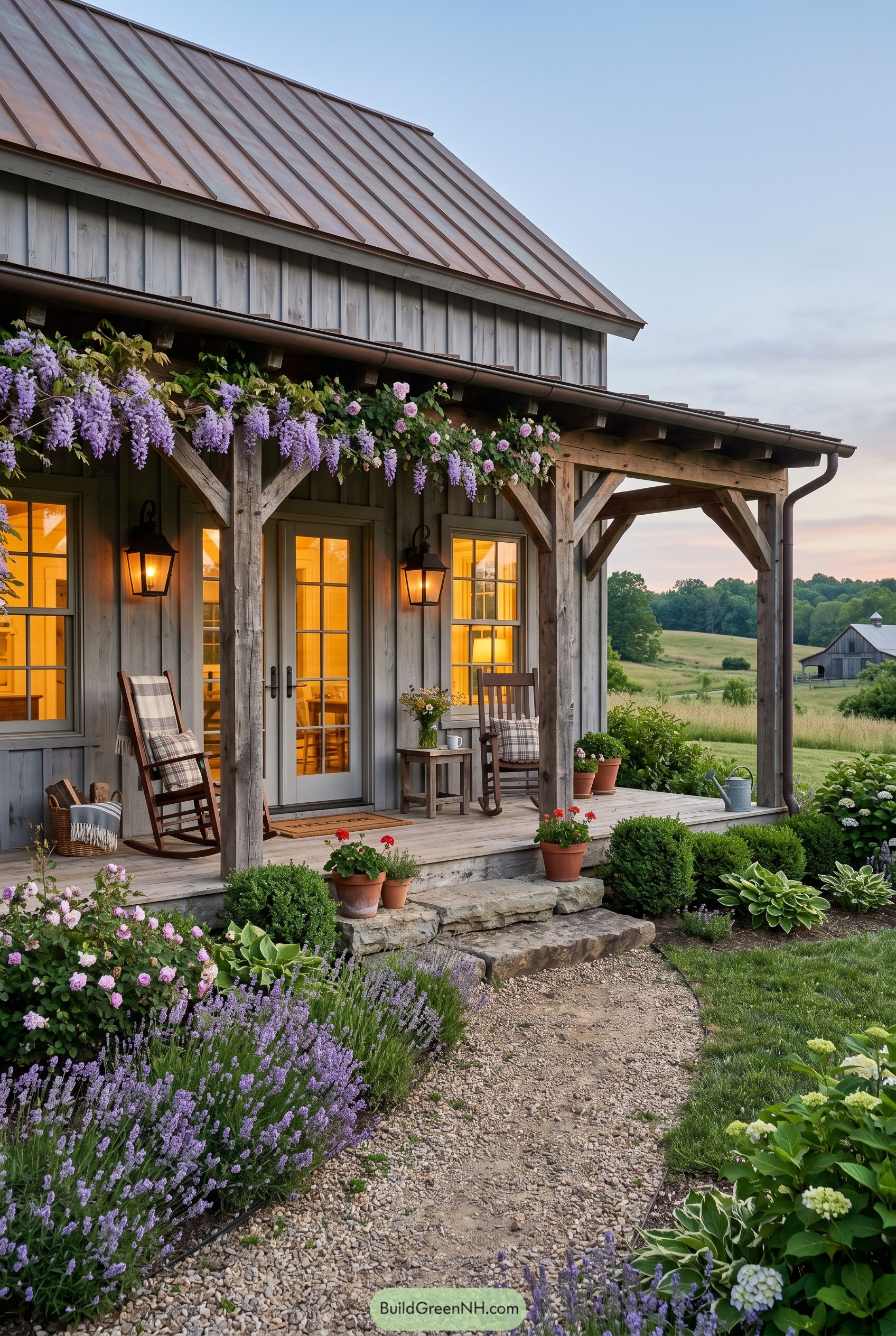 Rustic farmhouse porch with copper roof and flowers